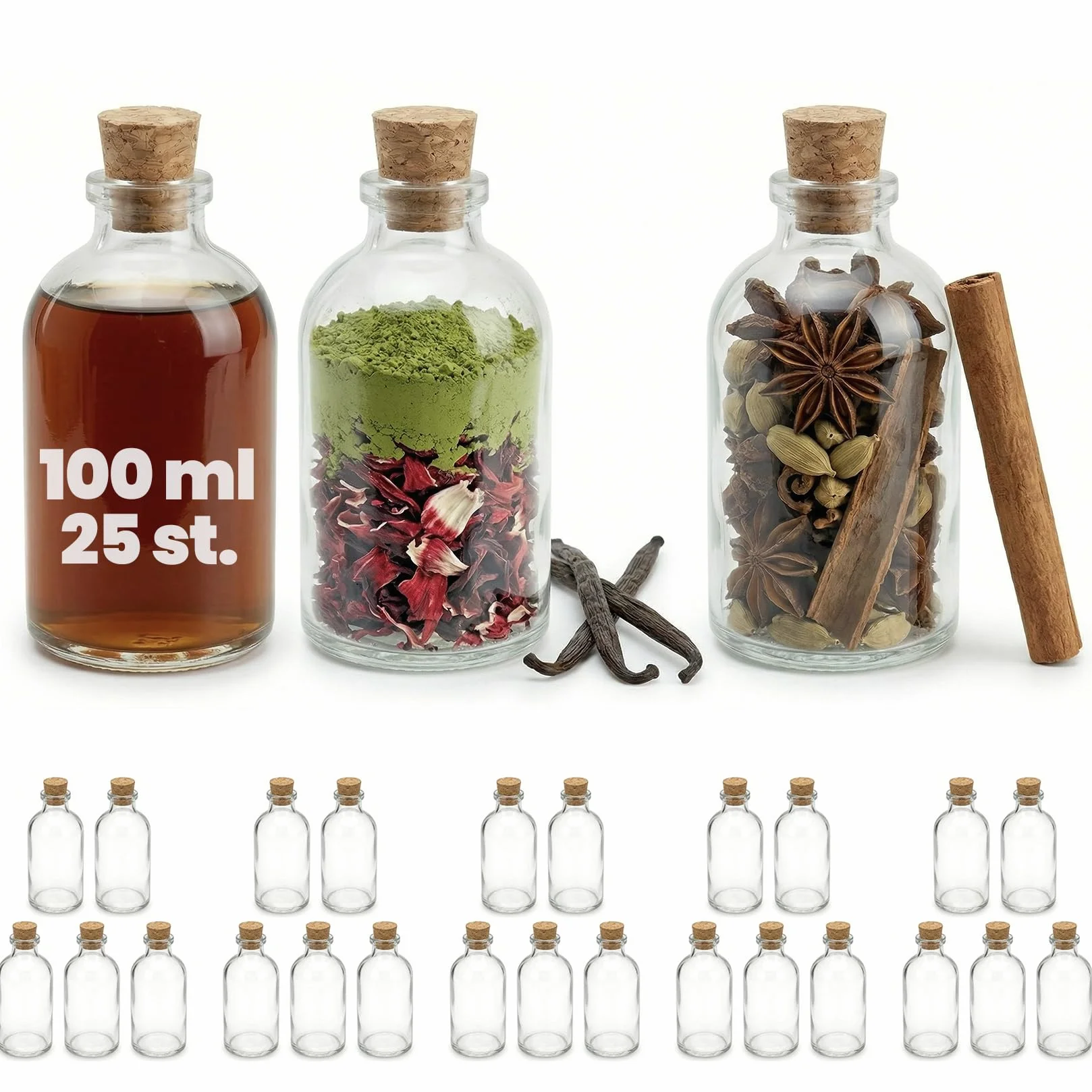 Mini butelki szklane 100 ml z korkiem, 25 sztuk, małe butelki do napełniania, szklana butelka Mini-TR, przezroczyste butelki na likier, 25 x 100 ml
