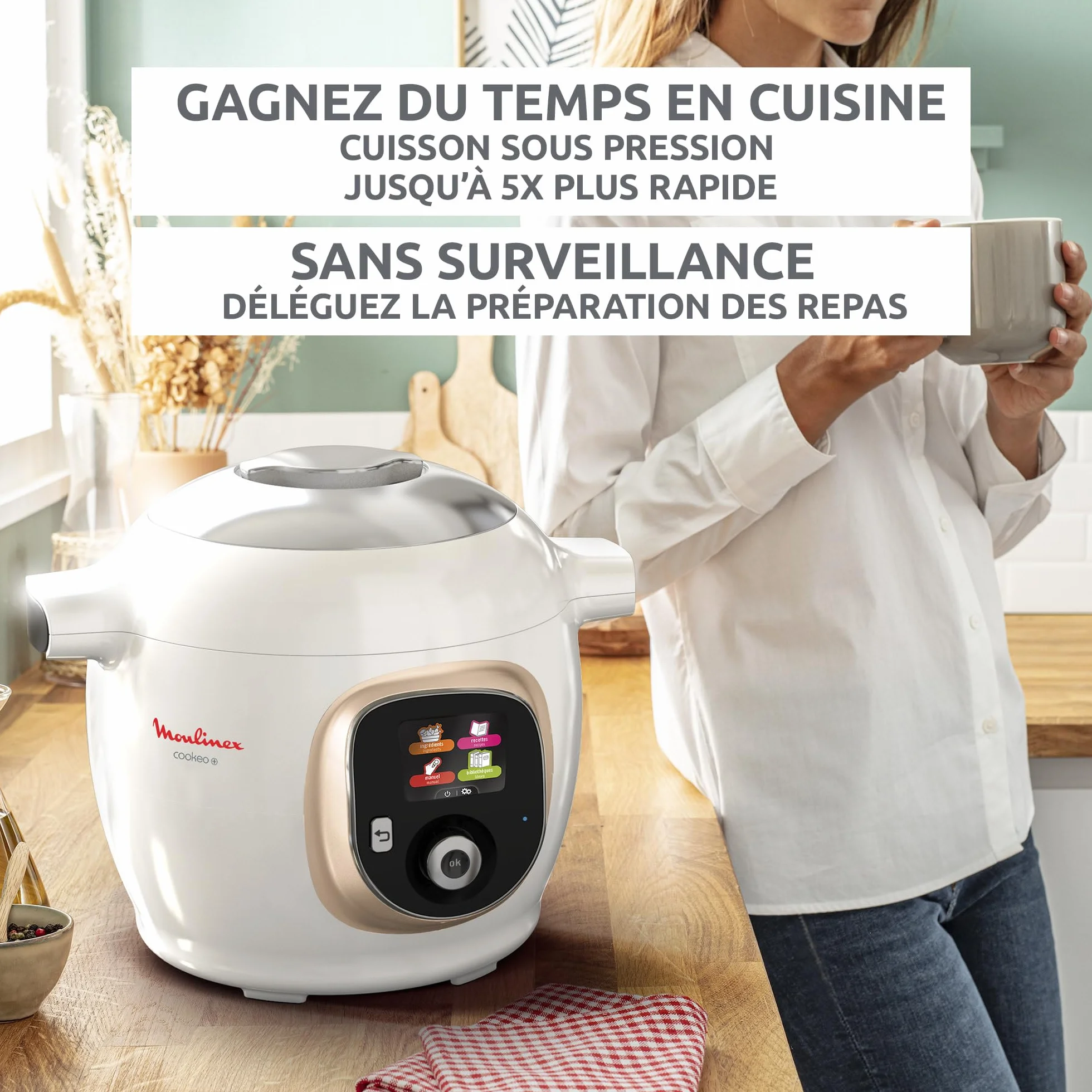 Moulinex, Cookeo Inteligentny multicooker 6L, 150 wbudowanych przepisów, gotowanie bez nadzoru, intuicyjny ekran, instrukcja gotowania, aplikacja MyMoulinex, 1600 W, biały, 15 lat, możliwość naprawy
