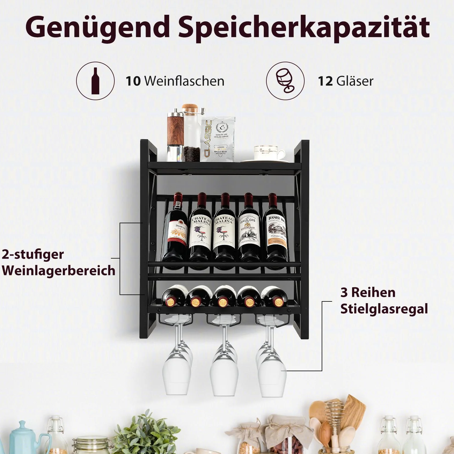 COSTWAYregał nawino, 10 butelek, 3 rzędy uchwytów, industrialny design, idealny do domu, baru, kuchni, restauracji