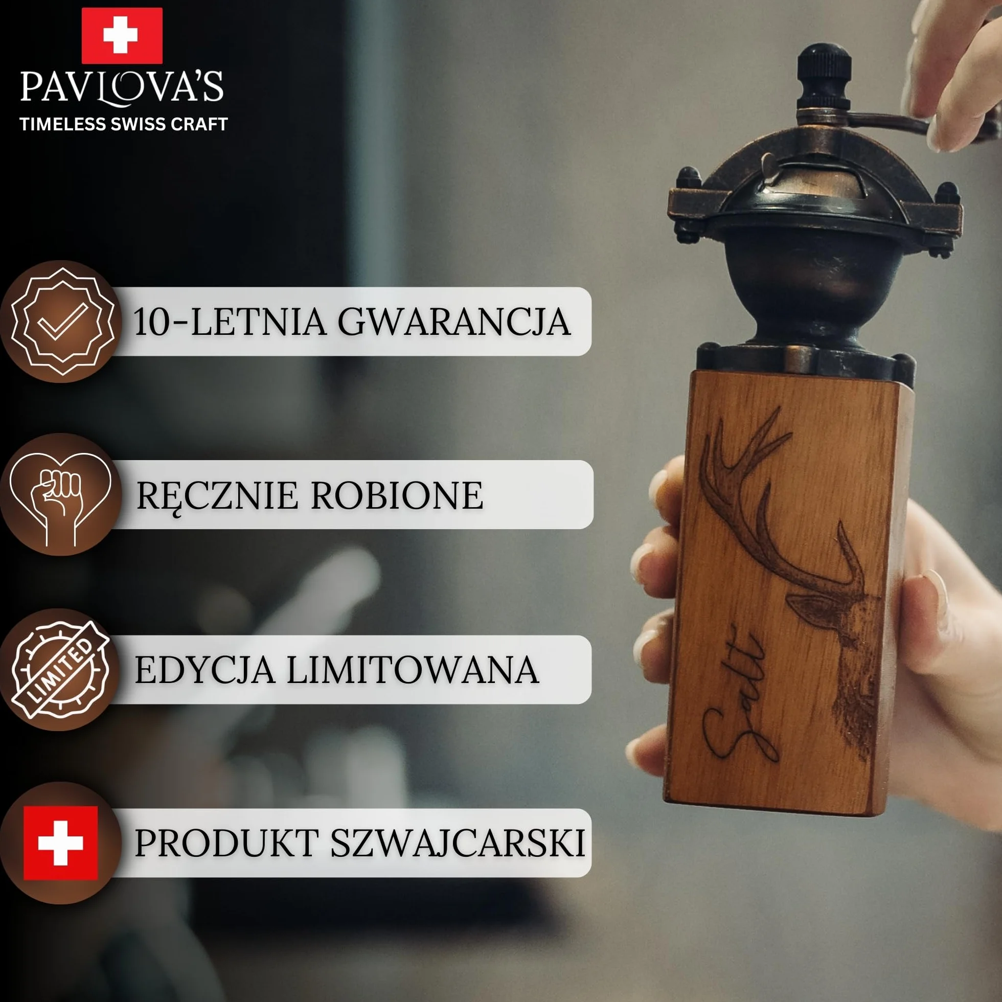 Vintage zestaw młynków do soli i pieprzu, młynek do przypraw z litego drewna z regulowanym mechanizmem ceramicznym, limitowana edycja, ręcznie robione w Szwajcarii, z ręczną korbą, prezent