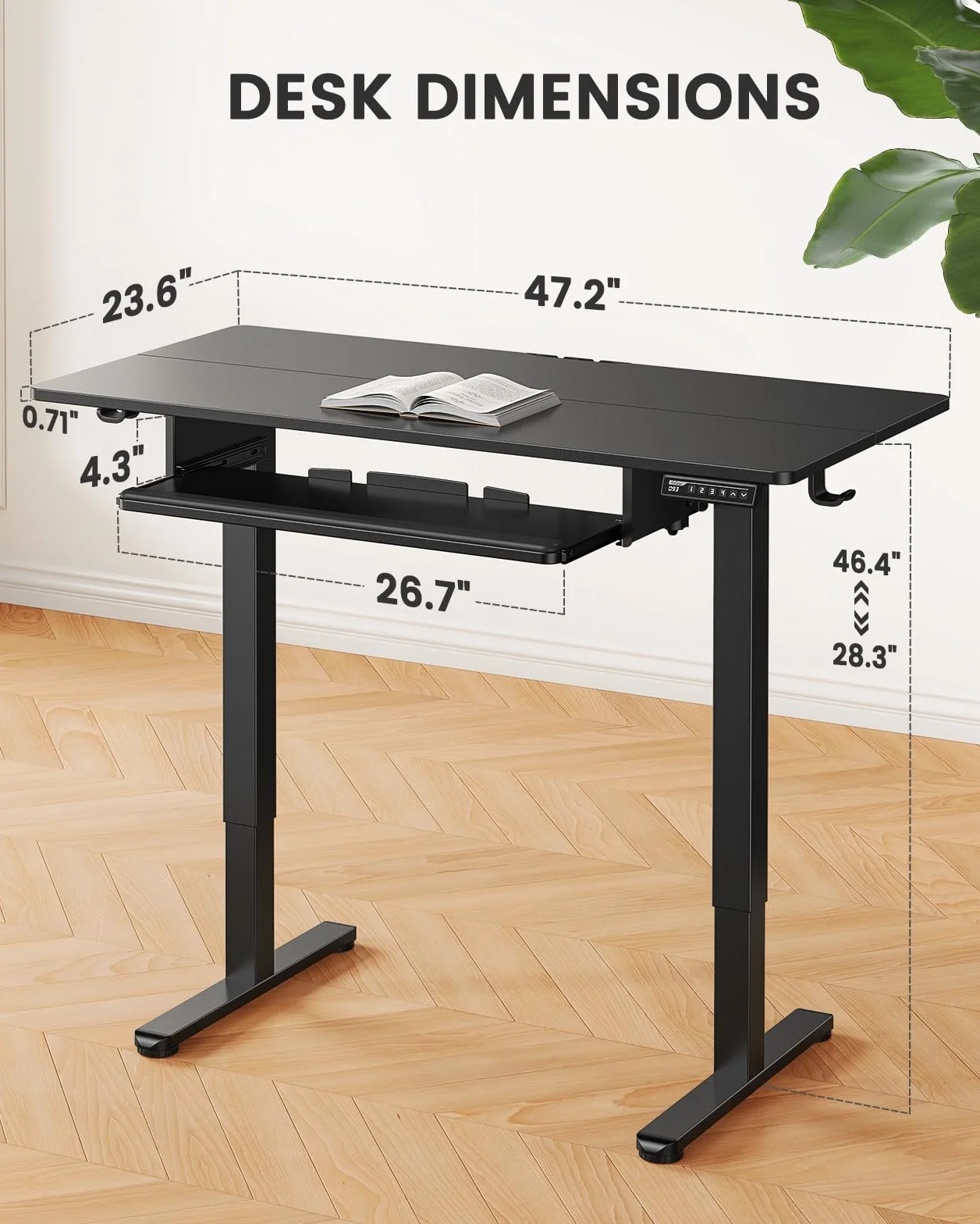 ErGear Elektryczne biurko do pracy na stojąco z pełnowymiarową tacą na klawiaturę, regulowana wysokość, biurko do pracy w domu, 112 x 61 cm, czarne