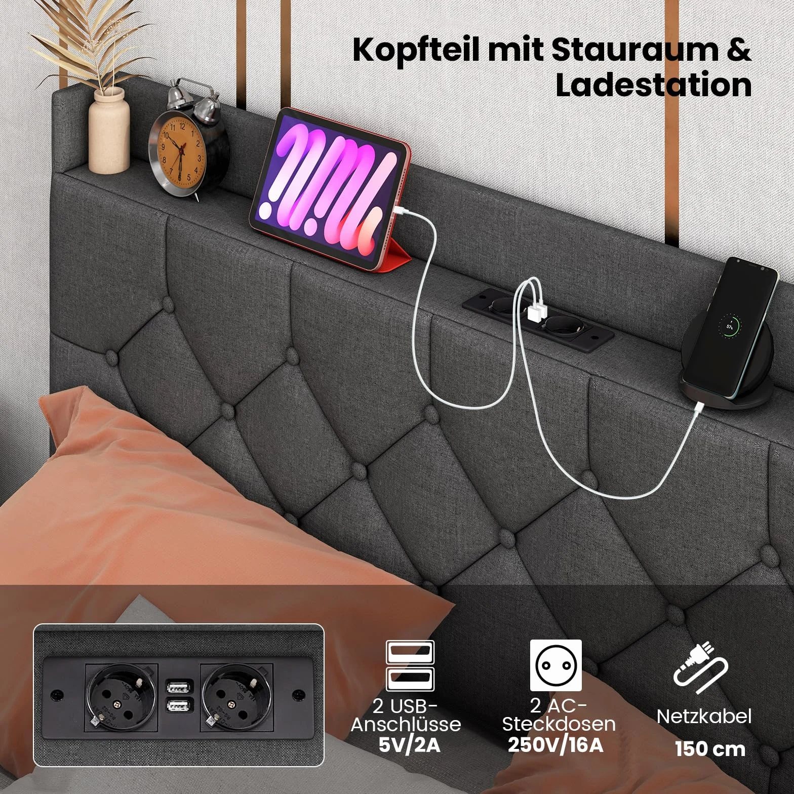 COSTWAY Łóżko tapicerowane z oświetleniem LED i stacją ładującą 140x200 cm z regulowanym zagłówkiem