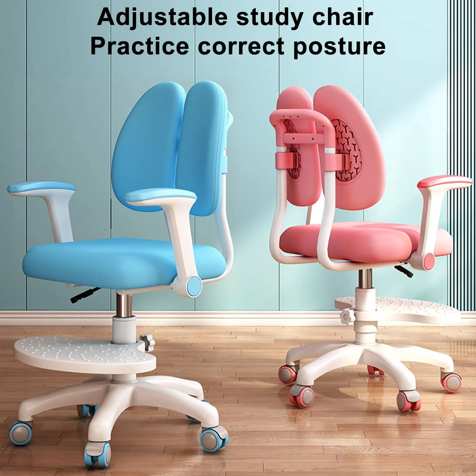 Fotel biurkowy dla dzieci z kółkami i podłokietnikiem, z regulacją wysokości, obracany o 360°, ergonomiczny, do nauki dla dzieci z podparciem lędźwiowym, różowy