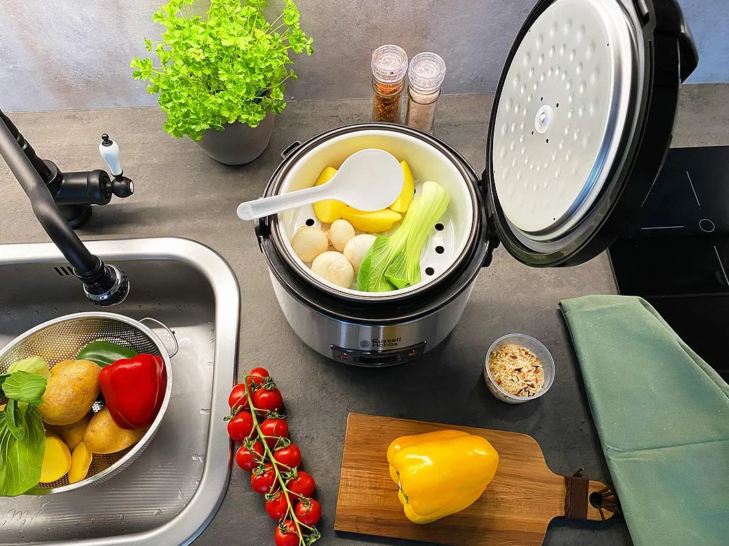Russell Hobbs parowar i ryżowar, pojemność 1,2l, powłoka zapobiegająca przywieraniu, pokrywka ze szkła hartowanego, pokrywka antykondensacyjna, nienagrzewające się uchwyty, moc 500W, biały, 27080-56