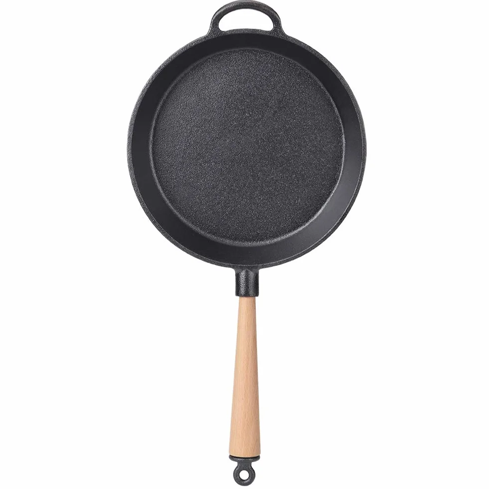 Patelnia żeliwna Patelnia do steków Gruba, wytrzymała patelnia z odpinanym drewnianym uchwytem do kuchni, restauracji Do użytku domowego Czarny 22 cm 24 cm 26 cm (Patelnia z drewnianą rączką o