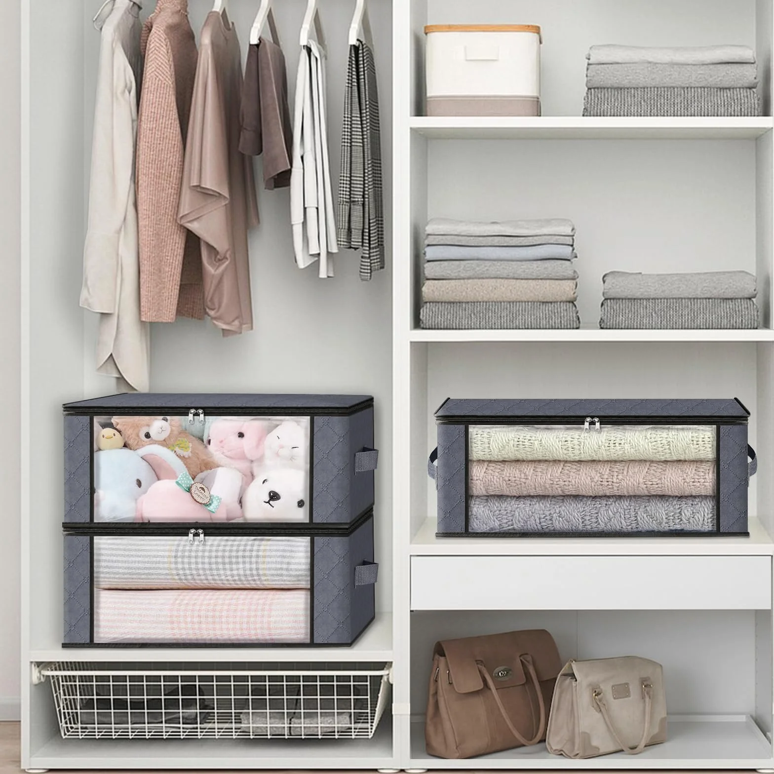 HomeHacks 6-pak organizer na ubrania, składane pudełko do przechowywania, z dużym, przezroczystym oknem, solidne uchwyty do szafy, akademika, poduszek, pościeli, ubrań, wypchanych zabawek, koców, szary
