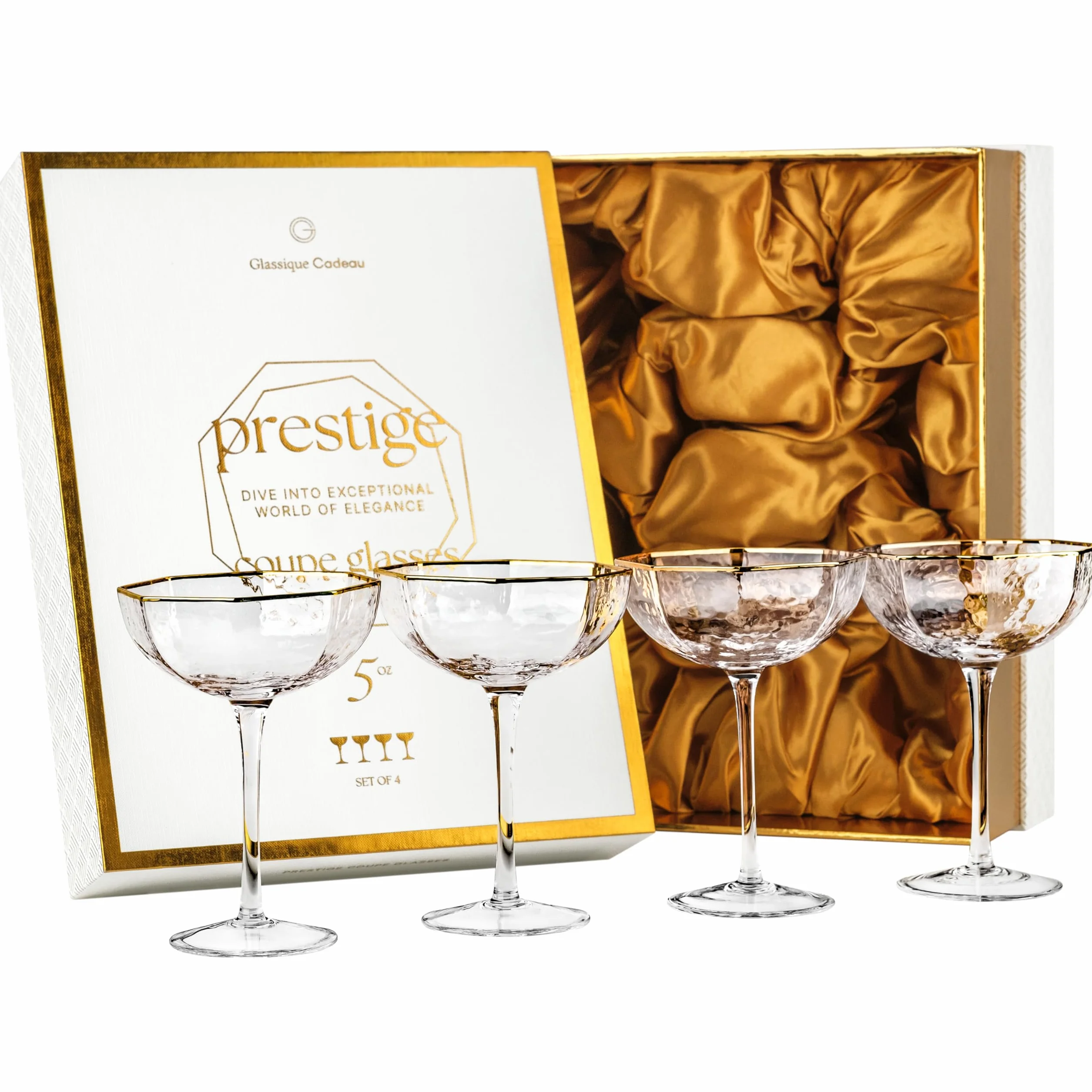 Małe ośmiokątne kieliszki Prestige Coupe o pojemności 150 ml ze złotymi krawędziami do koktajli i szampana, zestaw 4 szt., kryształowe wyroby z długich łodyg do espresso Martini, Daiquiri, Gimlet