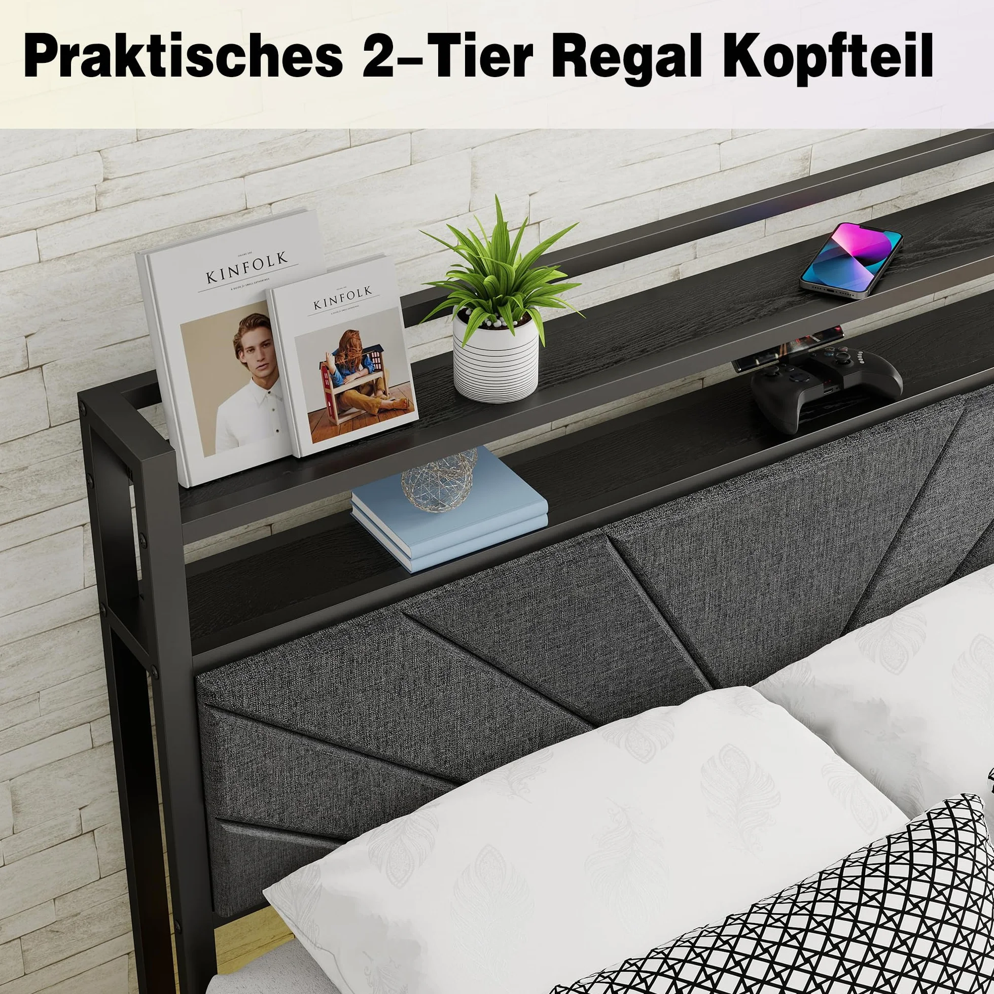 Rama łóżka 120 x 200 cm – zagłówek do łóżka tapicerowanego – łóżko podwójne 120 x 200 – stelaż pod materac – stylowa rama łóżka ciemnoszara