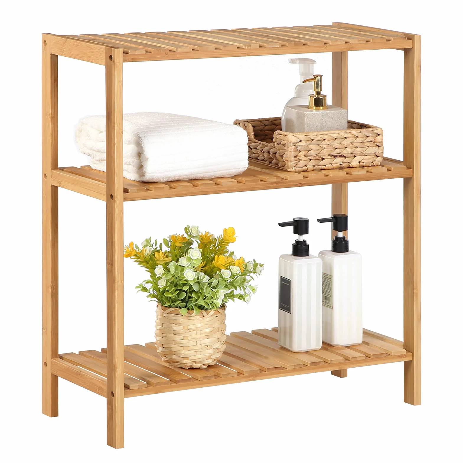 SONGMICS BCB33Y Regał bambusowy do łazienki, kuchni, regału na buty, 60 x 26 x 66 cm, idealny do łazienki, salonu, przedpokoju, kuchni lub balkonu.