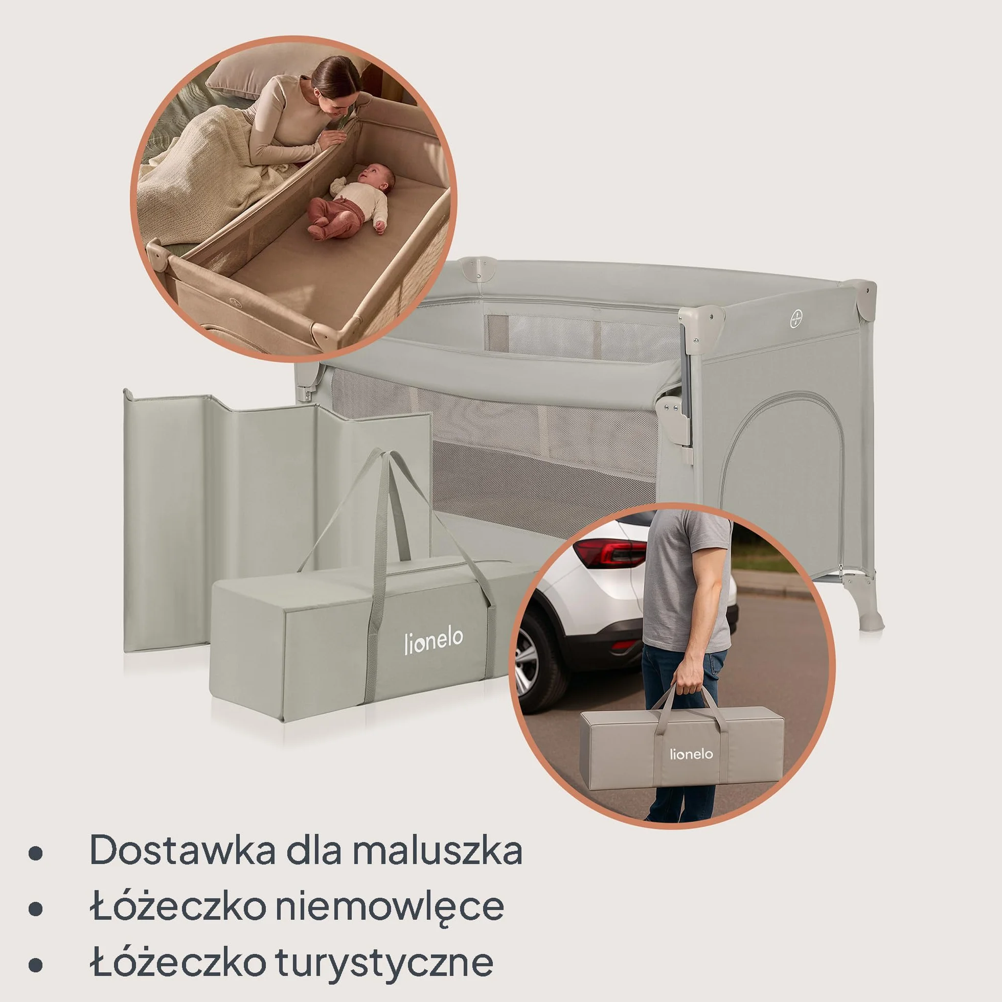 lionelo Ellen 3 w 1 łóżko podróżne 0-3 lata, Cododo dla noworodków i starszych dzieci do 15 kg, 2 wysokości materaca, paski mocujące, zamek boczny, 2 koła, torba (beżowa)