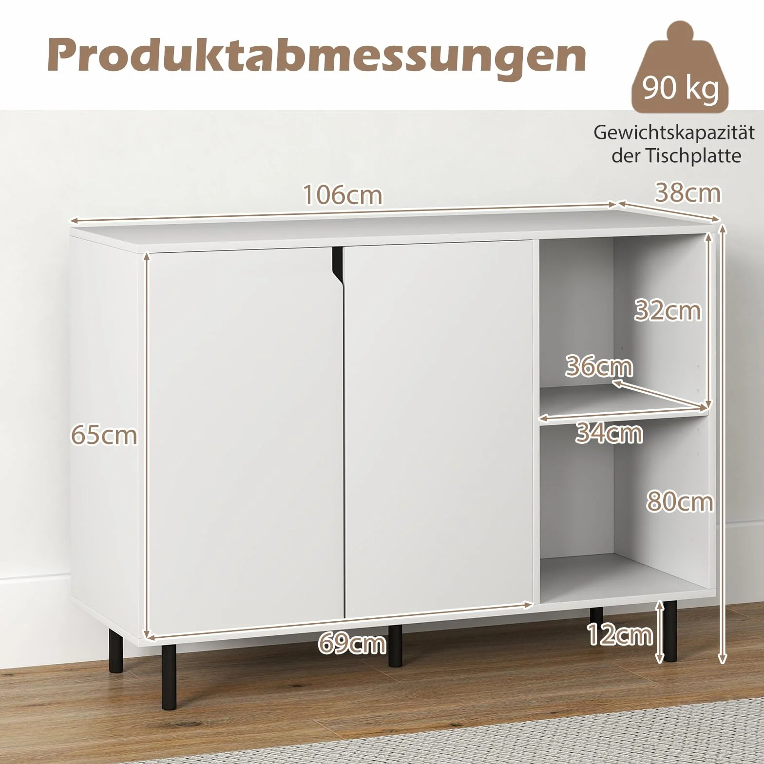 COSTWAY Drewniana komoda z 4 półkami i 2 drzwiami, szafka bufetowa, szafka kuchenna, regulowane półki, nowoczesna szafka, 106 x 38 x 80 cm (biała)