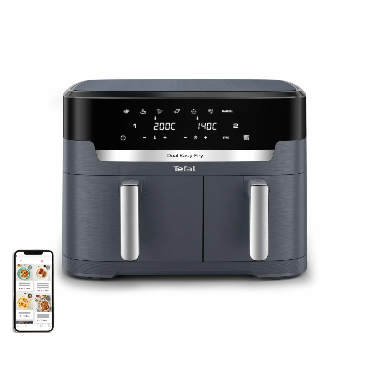 TEFAL EY942B Frytkownica beztłuszczowa Dual Easy Fry XXL dwie szuflady, pojemność 11 l, szuflada 6,5 l + szuflada 4,5 l, 99% mniej tłuszczu, 7 automatycznych ustawień gotowania, Extra Crisp, szara