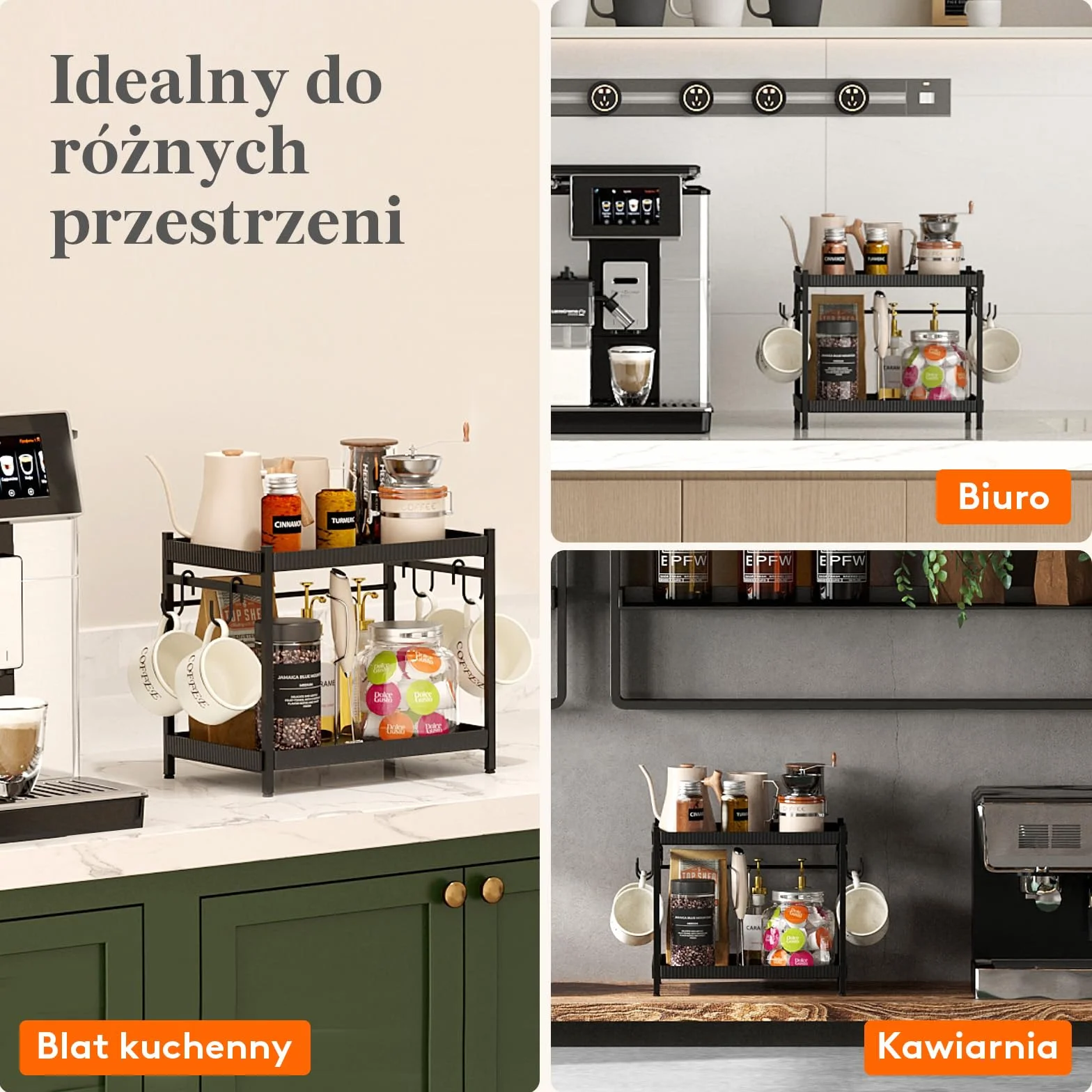 Lifewit 2-Poziomowy Plastikowy Uchwyt na Kubki z Metalowym Stojakiem, Organizer na Kawę do Biura z 4 Haczykami na Kubki, Organizer na Przyprawy do Szafki Kuchennej, Blat Kuchenny, Czarny