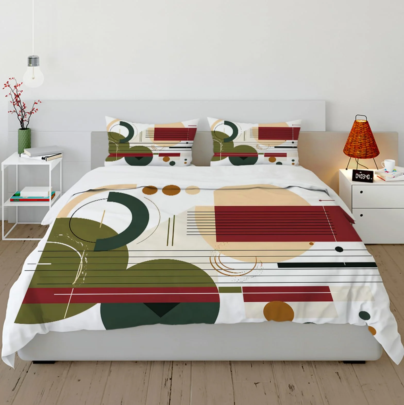 Mid Century Boho Poszwa na kołdrę Czerwony i Zielony Kolorowy blok Zestaw pościeli na wszystkie pory roku Abstrakcyjne Linie Miękkie Oddychające 3 sztuki 155x200cm