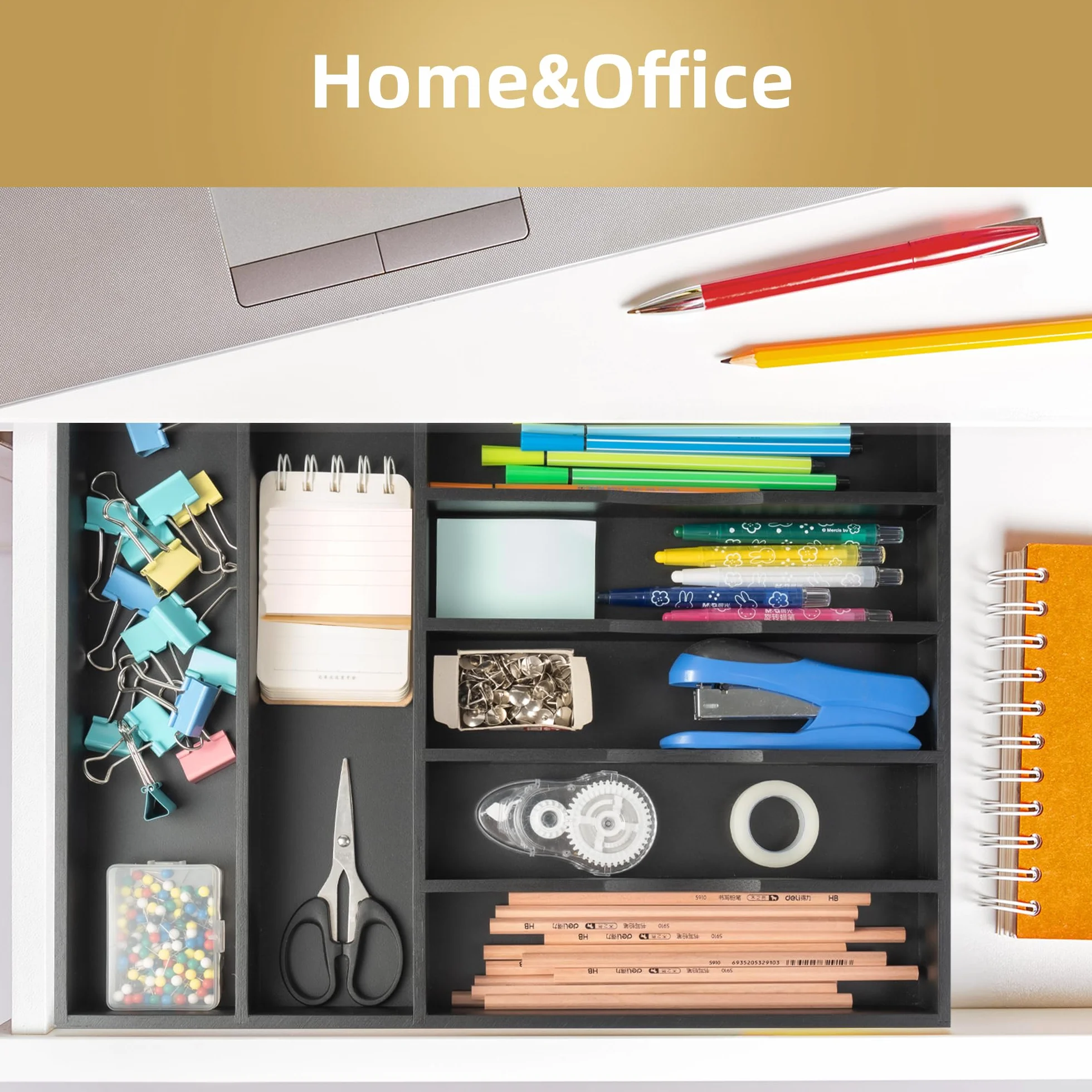 Besilord Organizer na sztućce 33 cm czarny bambusowy organizer do szuflady kuchennej, 7 przegródek, organizer na przybory, uchwyt na sztućce, organizer na sztućce, taca na sztućce
