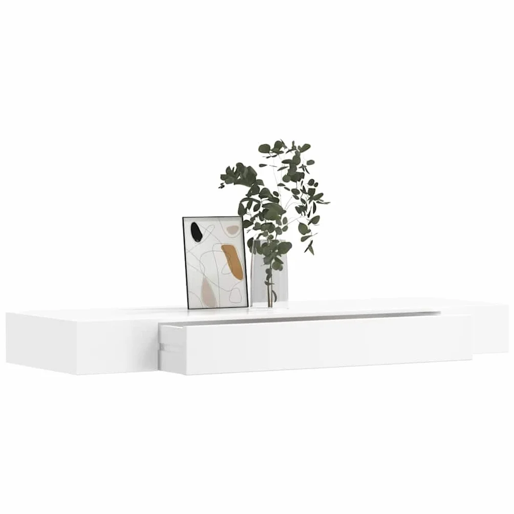 Regał ścienny z szufladą MDF, biały, 80 x 25 x 8 cm, regał wiszący, niewidoczny system montażu na książki, dekoracja, porządek, półka ścienna o wadze 5 kg
