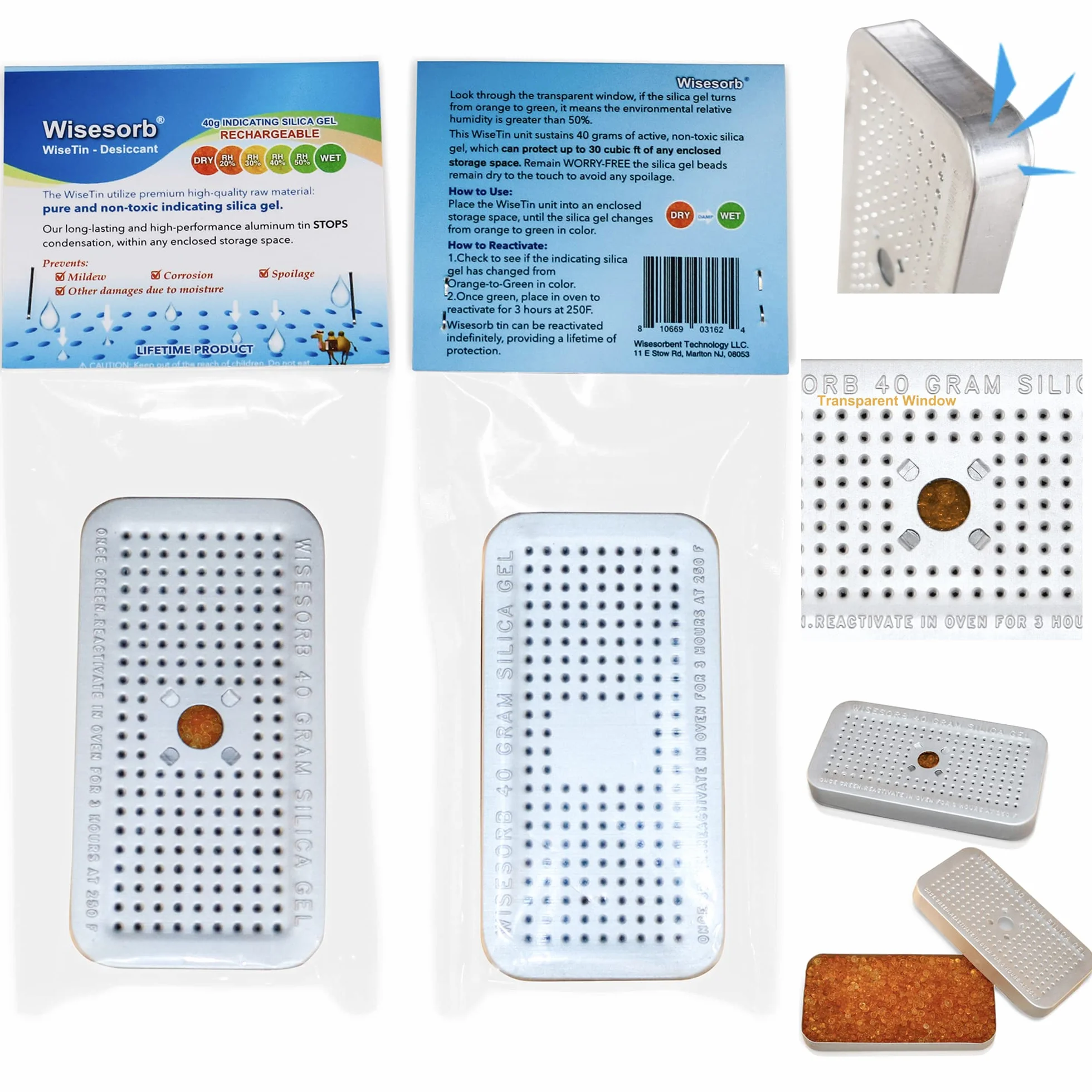 Wisesorb Pojemnik na żel krzemionkowy, 40 g, 20 opakowań kanister osuszający z żelem krzemionkowym (od pomarańczowego do zielonego), osuszacz osuszający wielokrotnego użytku