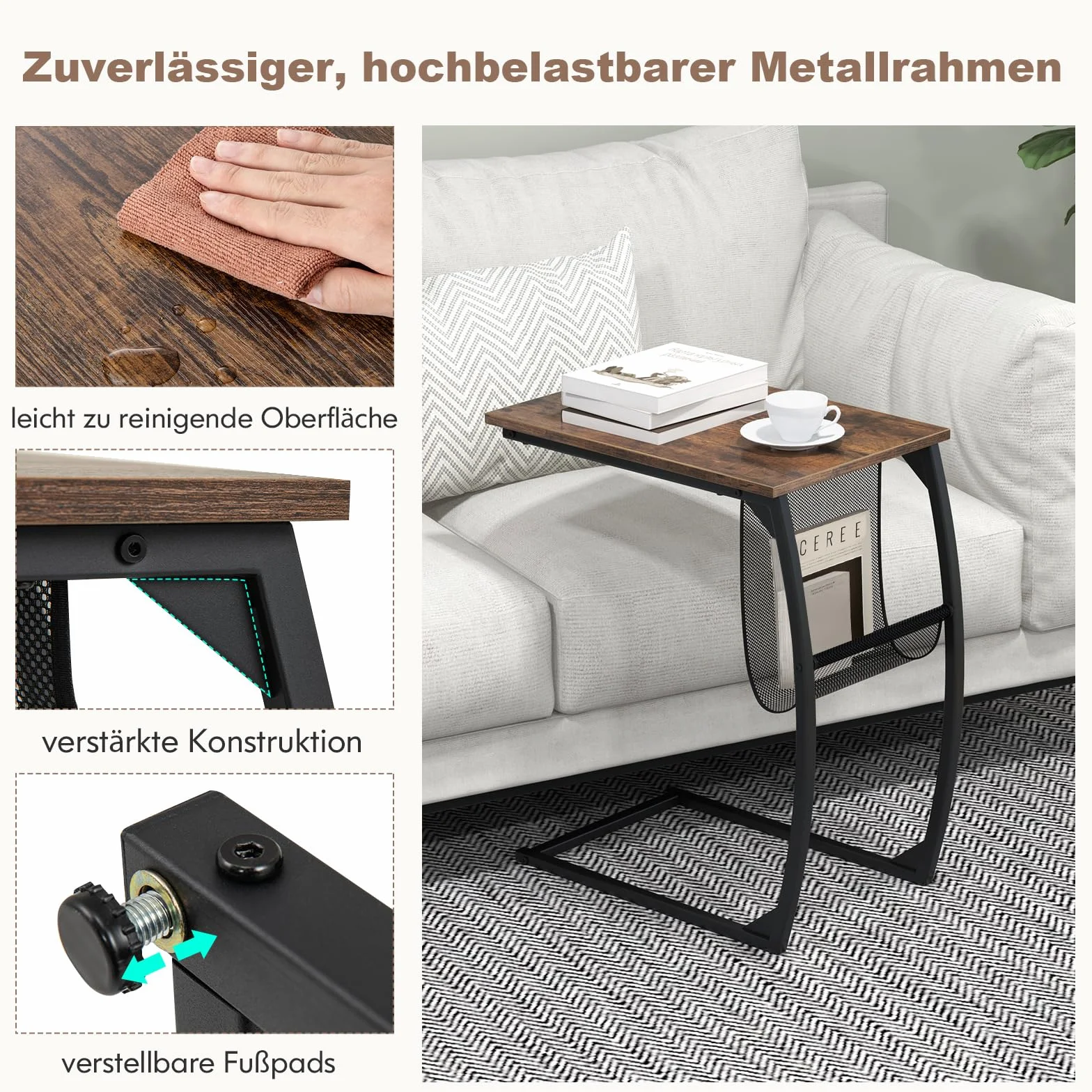 COSTWAY drewniany stolik pomocniczy, metalowy, z kieszenią boczną, stolik pod laptopa, w kształcie litery C, stolik kawowy, wzornictwo przemysłowe, 52 x 35 x 63 cm