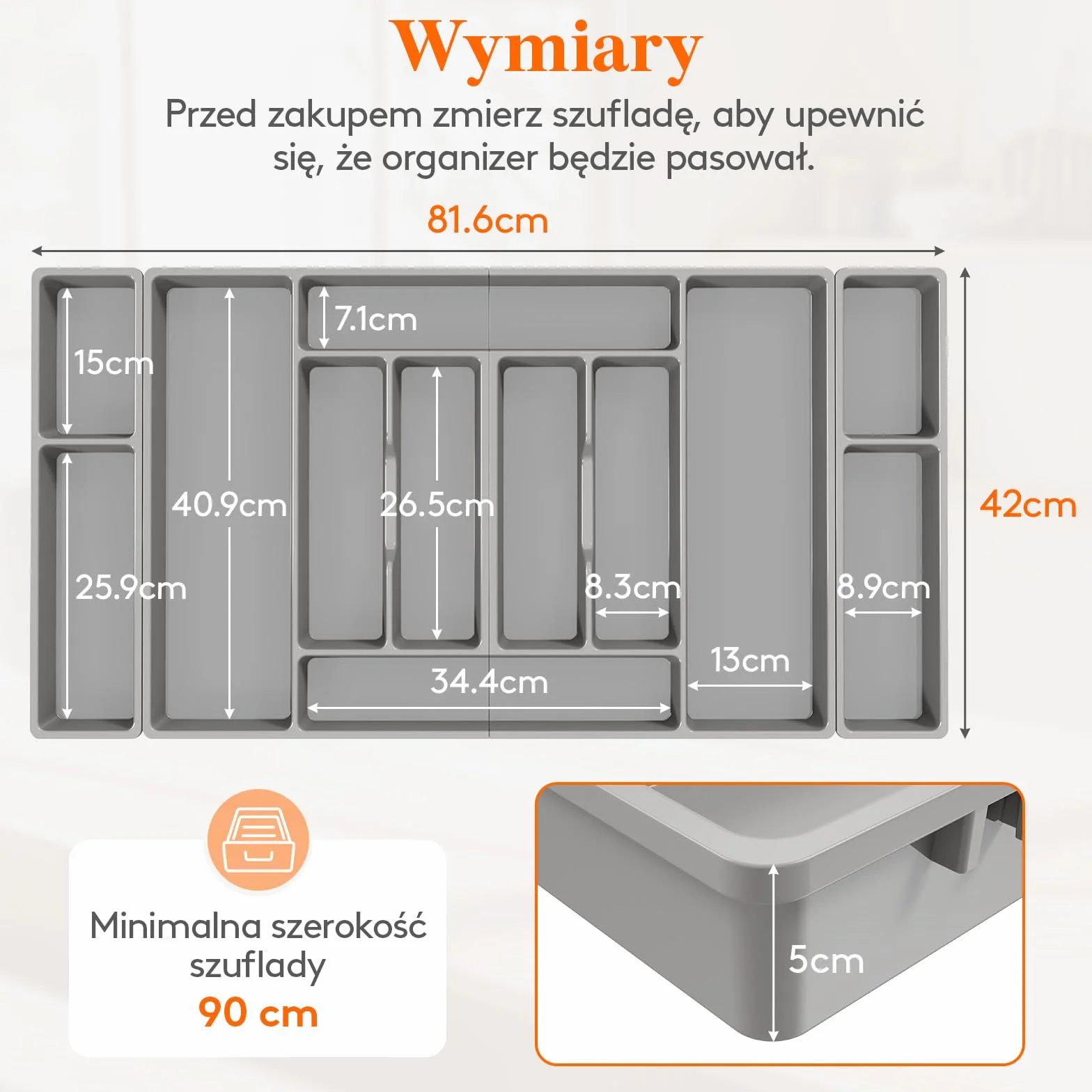 Lifewit Pojemnik na sztućce, wkład na sztućce 816 x 420 mm, do szuflady 90, zdejmowany uchwyt na przybory kuchenne, uchwyt na sztućce z tworzywa sztucznego, wkład do szuflad, organizer kuchenny na