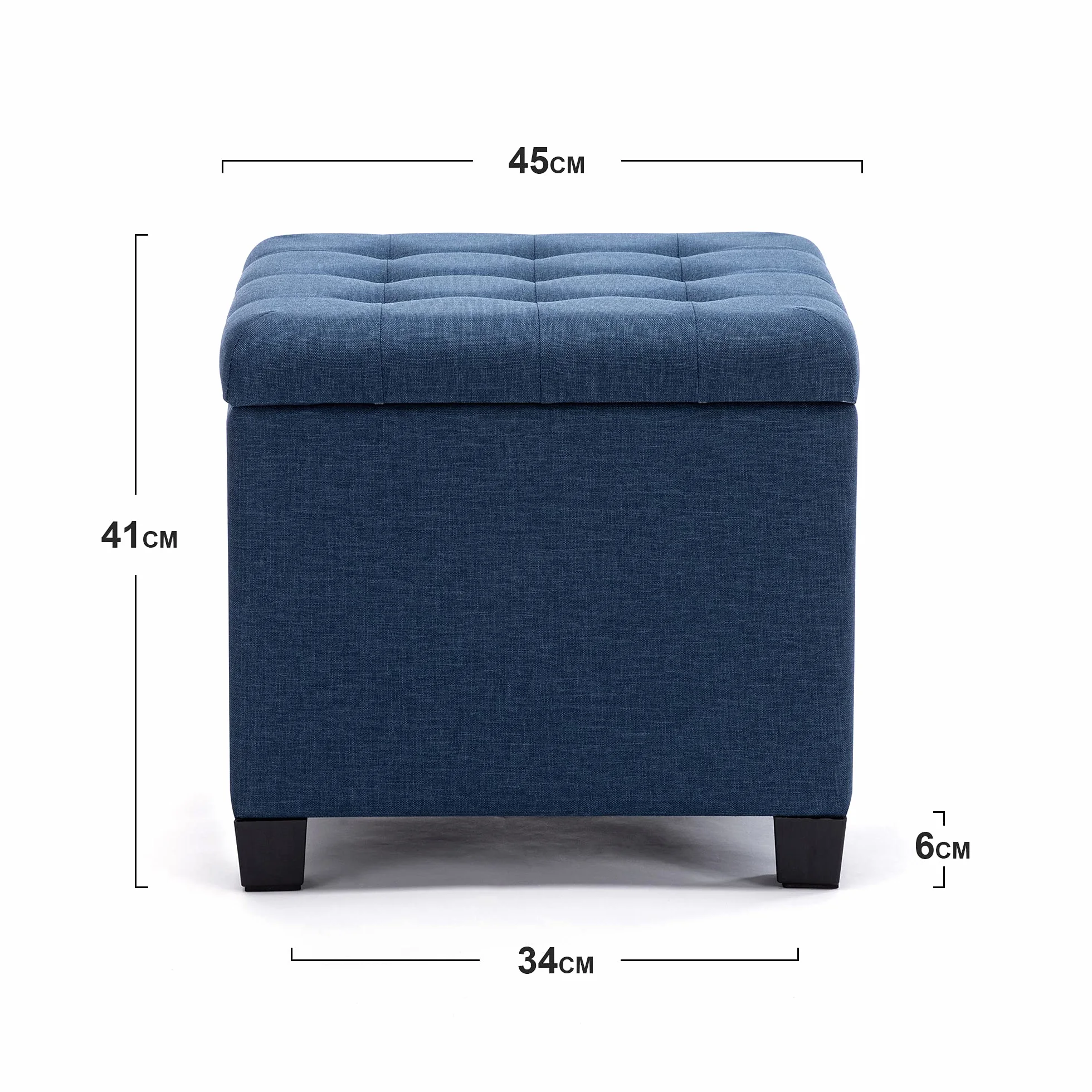 HNNHOME Kostka lniana pufa z pudełkiem do przechowywania i ramą z litego drewna, do salonu toaletki i sypialni z pokrywką, granatowa, 45 cm