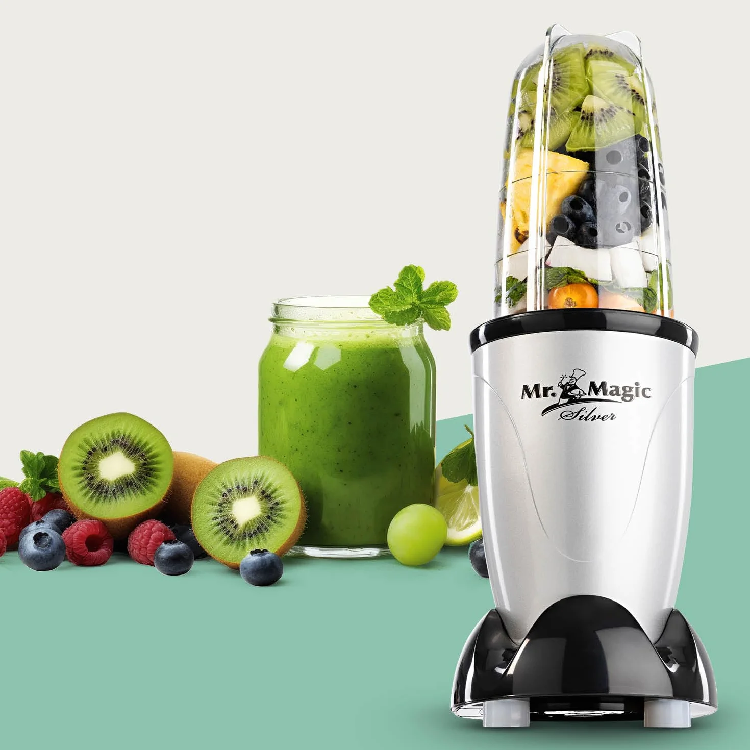 GOURMETmaxx Mr. Magic Mixer | Smoothie Maker - 4-częściowy | Mikser stojący z kubkiem do miksowania i pokrywką utrzymującą świeżość | Blender z 8 funkcjami | Procesor do przygotowywania koktajli,