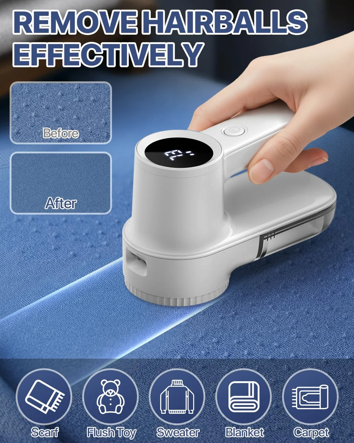 Golarka do Kłaczków, [Nowa wersja], Golarka do tkanin Homtronics z podświetleniem LED, ładowaniem USB, 3 regulowanymi ustawieniami, wyświetlaczem LED, dla wszystkich tkanin, odzieży, koców