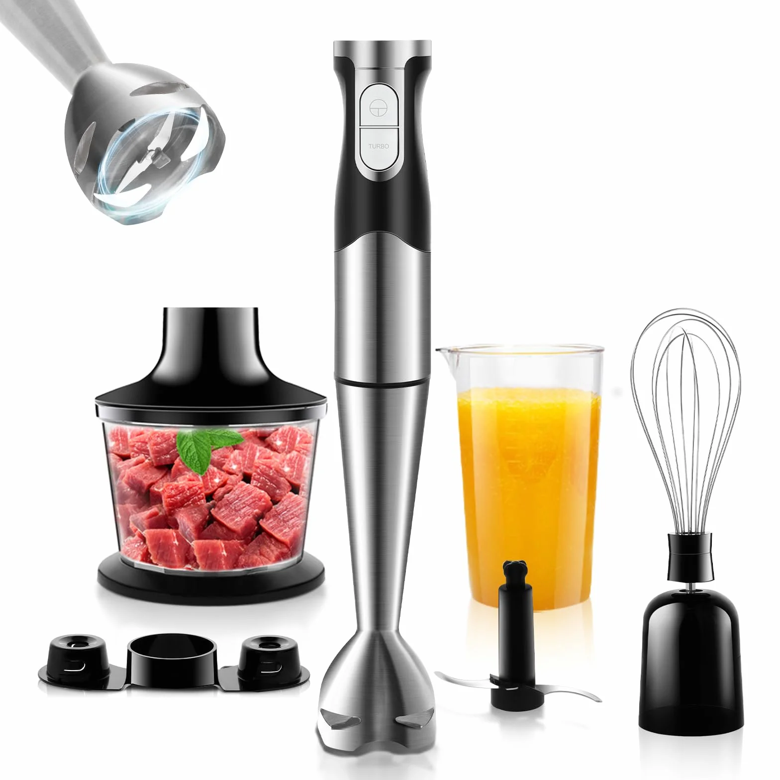 6 w 1 Blender Ręczny 1200W Regulowana Prędkość Blender Zanurzeniowy z Ostrzami ze Stali Nierdzewnej, Odporny na Zachlapania, Blender Elektryczny do Mięsa, Warzyw i Śmietany itp