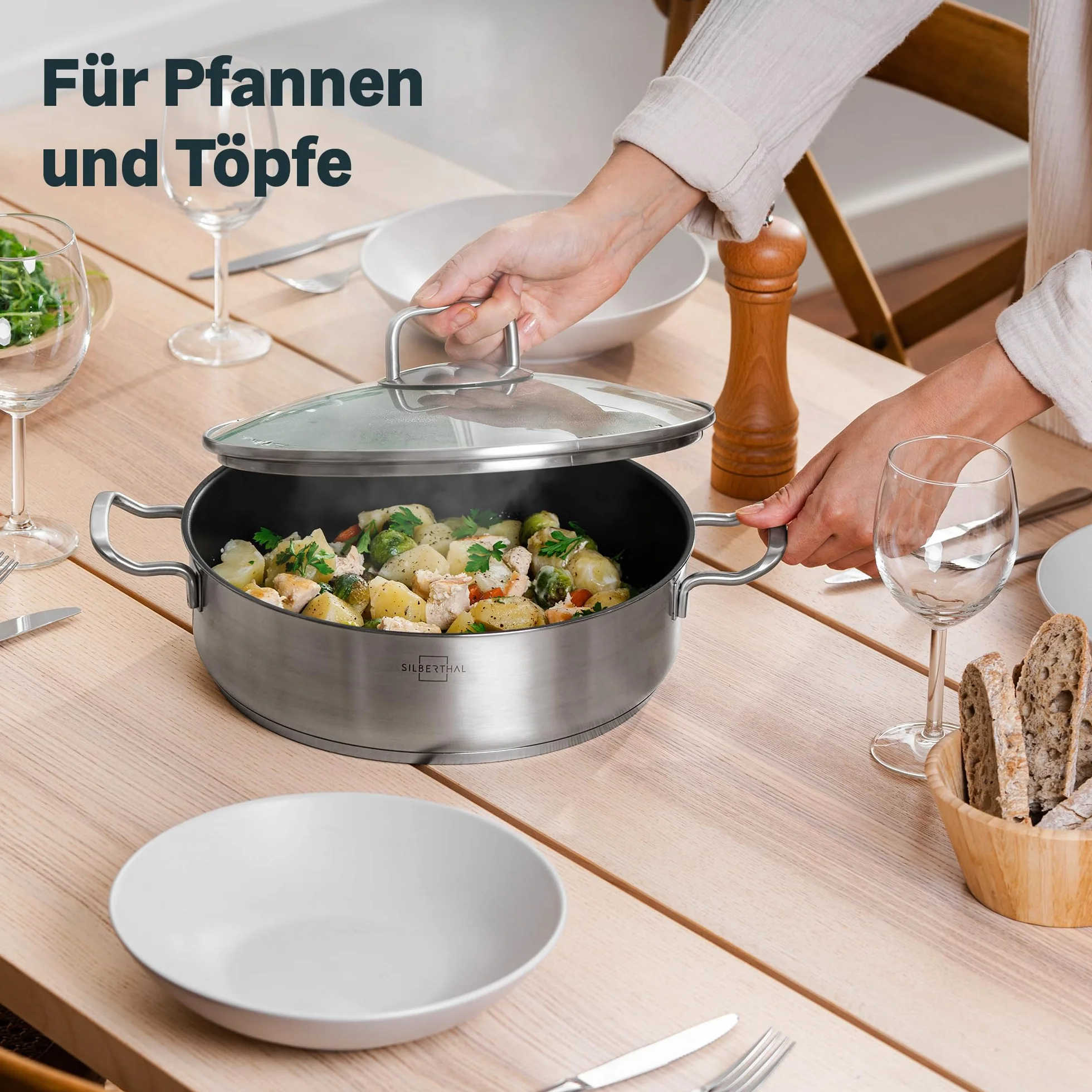 SILBERTHAL Pokrywa patelni 28 cm – uniwersalne zastosowanie – szkło, stal szlachetna – pokrywka do patelni, patelni do serwowania lub wok