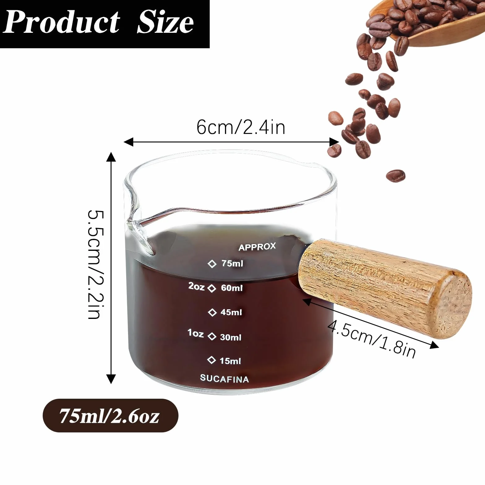 4 sztuki filiżanek do espresso z drewnianym uchwytem, szklana szklanka pomiarowa z podwójnym odpływem i podwójną skalą, szklanki do espresso, akcesoria do espresso, filiżanki z odpływem w kształcie V
