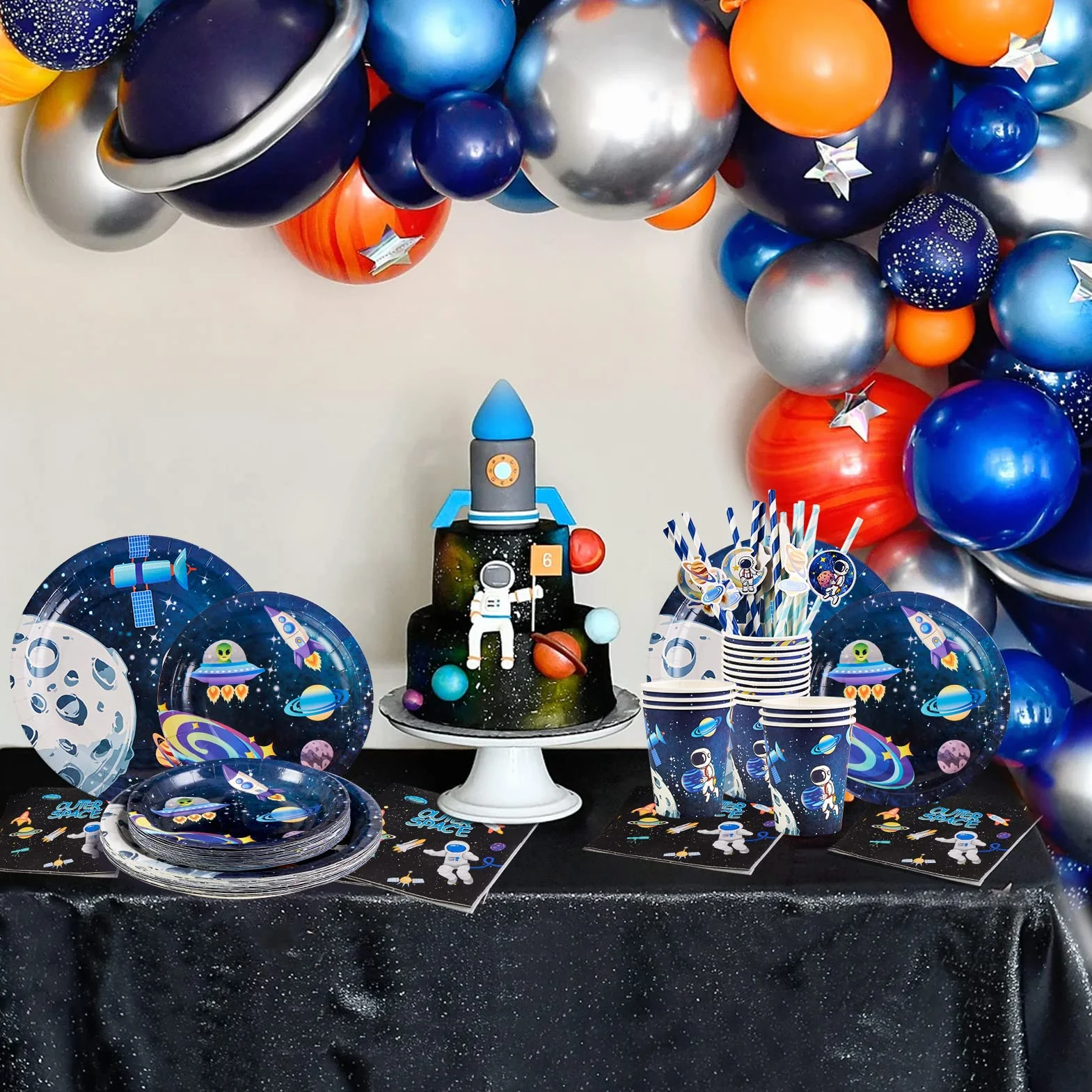 SUNBEAUTY Dekoracja urodzinowa Motyw Kosmiczny Układ Słoneczny Party Deco Zaopatrzenie na przyjęcie Talerze, Słomki, Ręczniki papierowe, Kubki Astronauta Rakieta Planeta dla dzieci