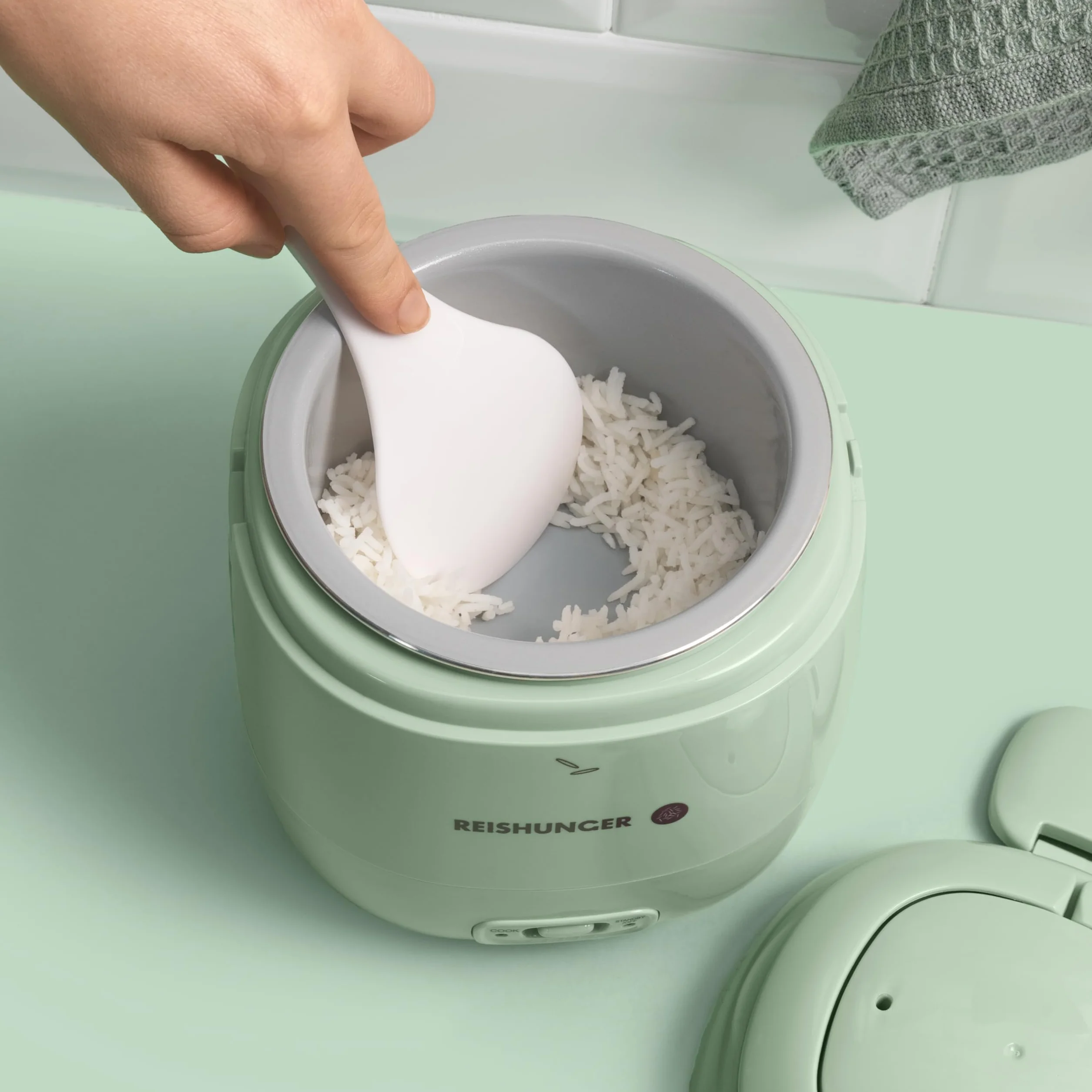 REISHUNGER Mini kuchenka do gotowania ryżu, kolor szałwiowy | 0,3 l – 1 – 2 porcje | powłoka ceramiczna – garnek premium | kompaktowy rozmiar do małych domków i do zabrania w podróż