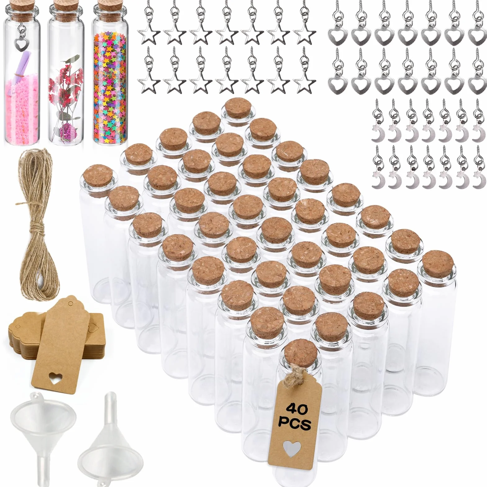 40 x mini butelki szklane z korkiem, 20 ml, do napełniania, jako prezent dla gości weselnych, z zawieszką