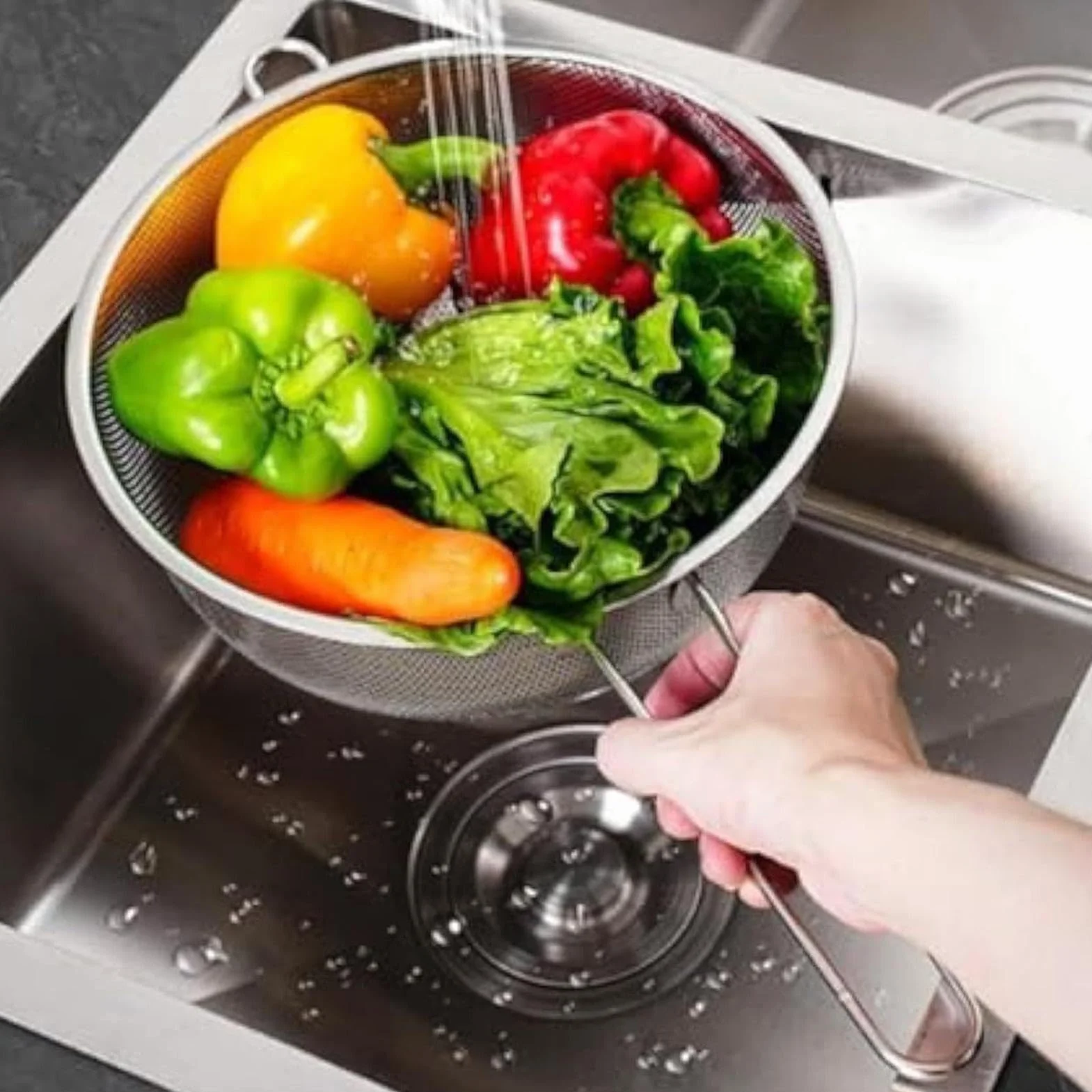 Sitko do makaronu – odporny na wysokie temperatury filtr do łatwego osuszania z wygodnym uchwytem, durszlak ze stali nierdzewnej z drobną siatką do owoców, warzyw, makaronu, sałatek, frytek, gotowania
