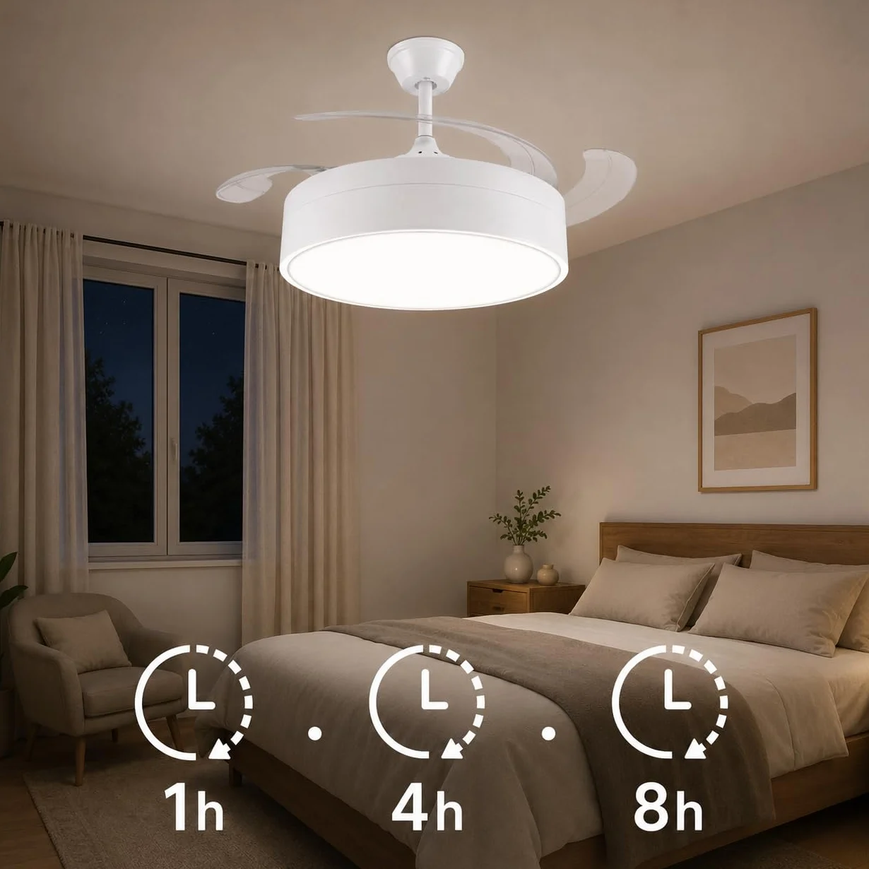 M mimotec - Wentylator sufitowy z oświetleniem LED Messe 72W, biały, pilot zdalnego sterowania, niskie zużycie energii, silnik prądu stałego, 6 prędkości, cichy, 4 rozkładane łopatki, funkcja