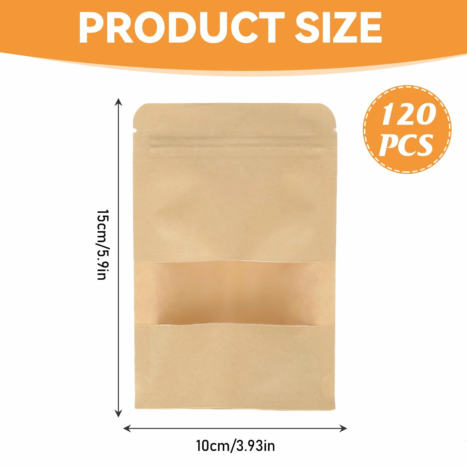 120 sztuk torebek papierowych z okienkiem, 10 x 15 cm, torebki z papieru typu kraft, torebki wielokrotnego użytku, brązowe na słodycze, orzechy, ziarna kawy, przyprawy, liście herbaty