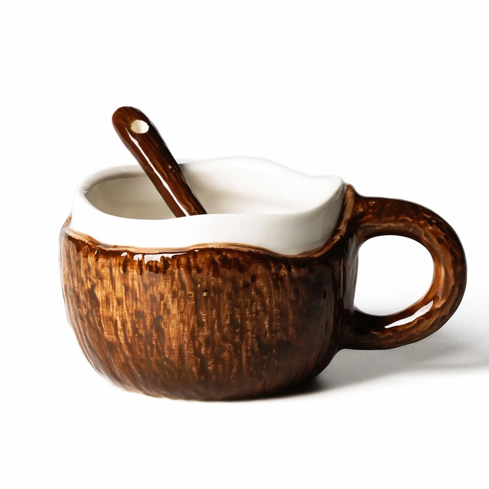 Ceramiczny kubek kokosowy 13 cm z łyżeczką tropikalny brązowy na koktajle