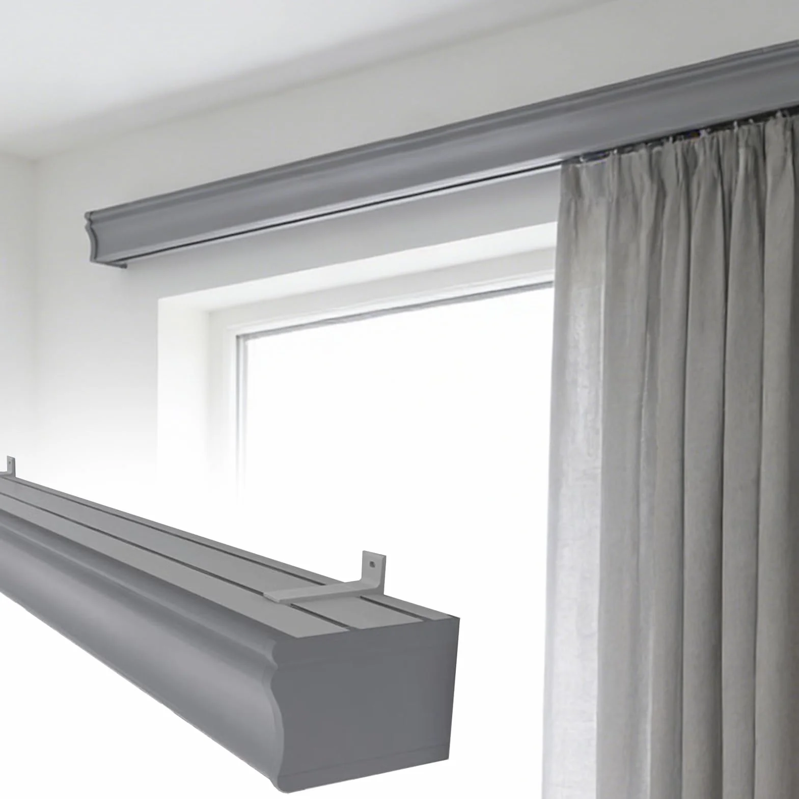 Szara skrzynka na lambrekin okienny trzy w jednym, z podwójną szyną, montowaną na ścianie tablicą gzymsową ze stopu aluminium i falbaną - 240 cm (7,9 stopy) dekoracyjna zasłona rozwiązanie