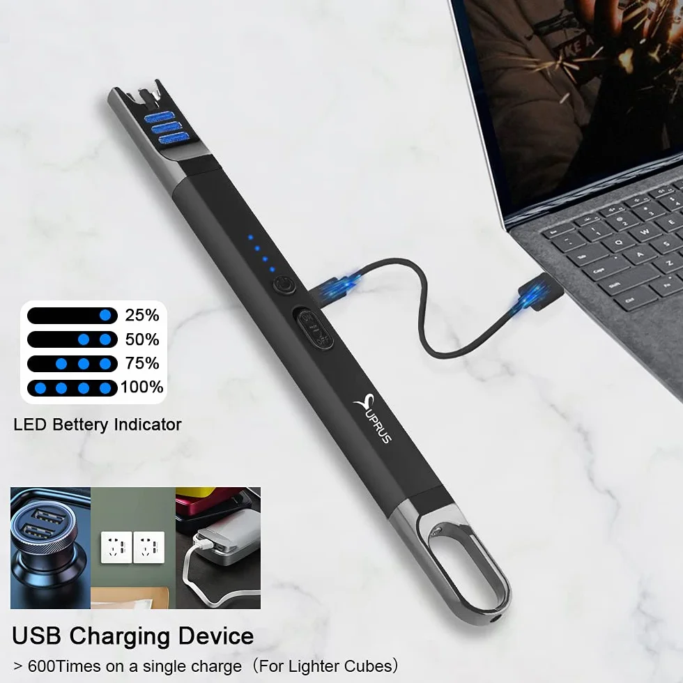 SUPRUS Zapalniczka do świec elektryczna, z łukiem świetlnym, wiatroszczelna, bezpłomieniowa, do ponownego ładowania przez USB z oświetleniem LED, na kemping, grillowanie, gotowanie (czarna)