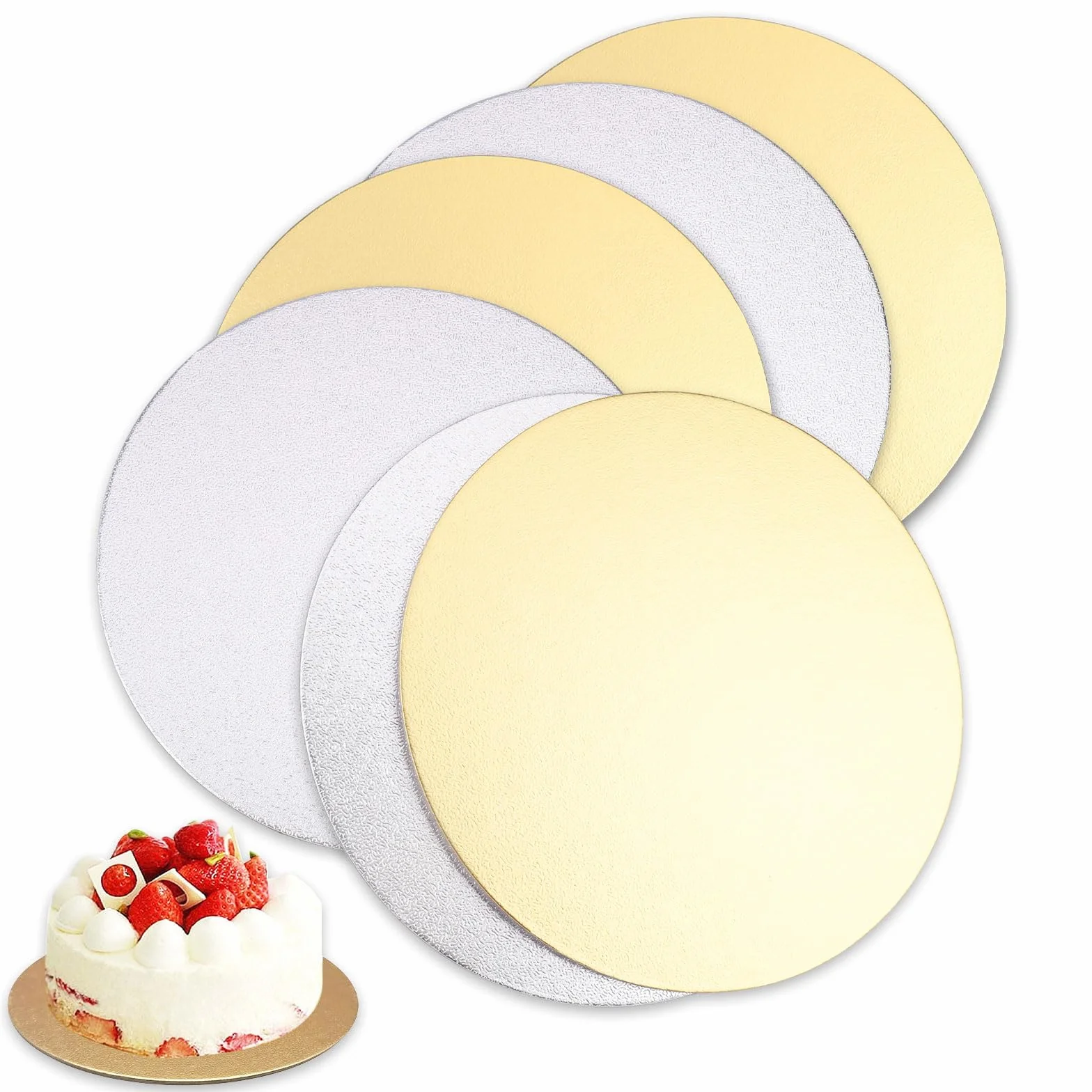 6 szt. podkładka na tort okrągła, deska do ciasta, okrągła 20 cm, patera na tort, karton złoty i srebrny, po 3 sztuki, biała podkładka do ciast i tortów, nadaje się do kontaktu z żywnością