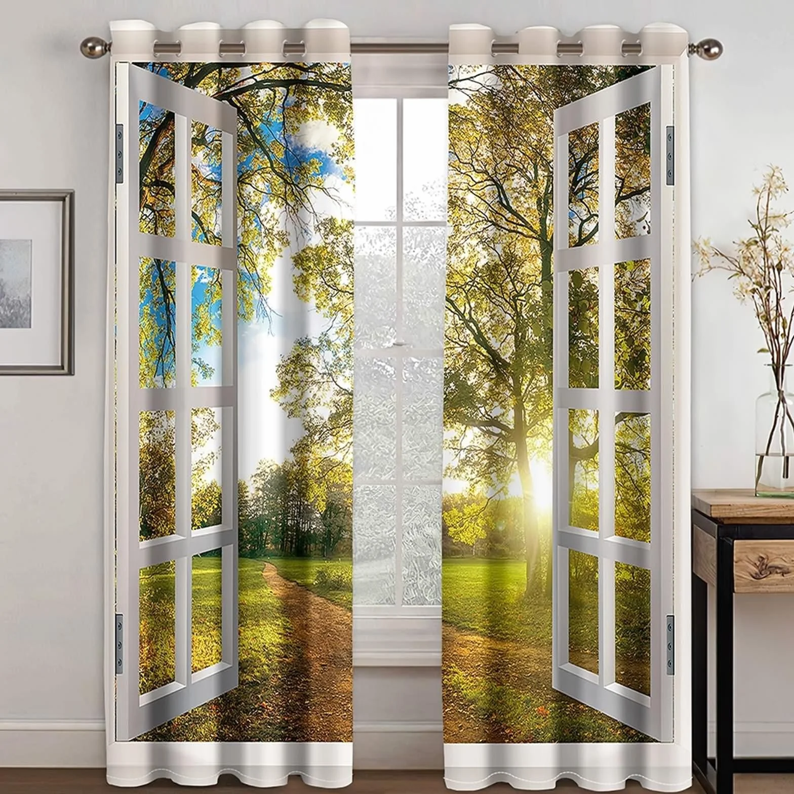 Zestaw zasłon do salonu, zasłona zaciemniająca biały żółty zielony rama okienna ze słonecznym ogrodem leśnym krajobraz poliester zestaw 2 sztuk 214 x 160 cm