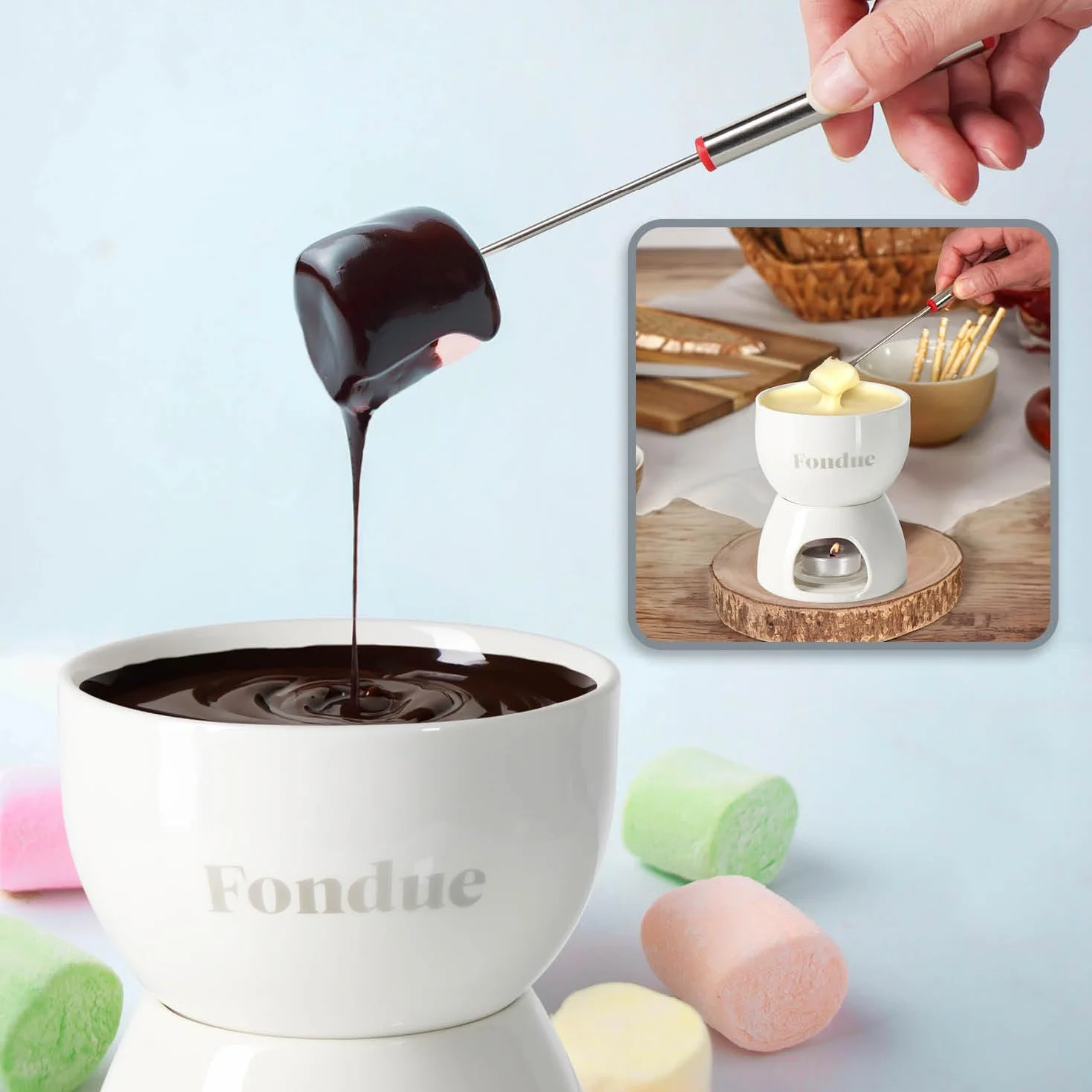 COM-FOUR® Zestaw do czekoladowego fondue Premium - miska ceramiczna z podstawka na podgrzewacz i 4 widelcami - tygiel do czekolady i sera - tygiel - miska do dipów deserowych dla 4 osób (bialy)