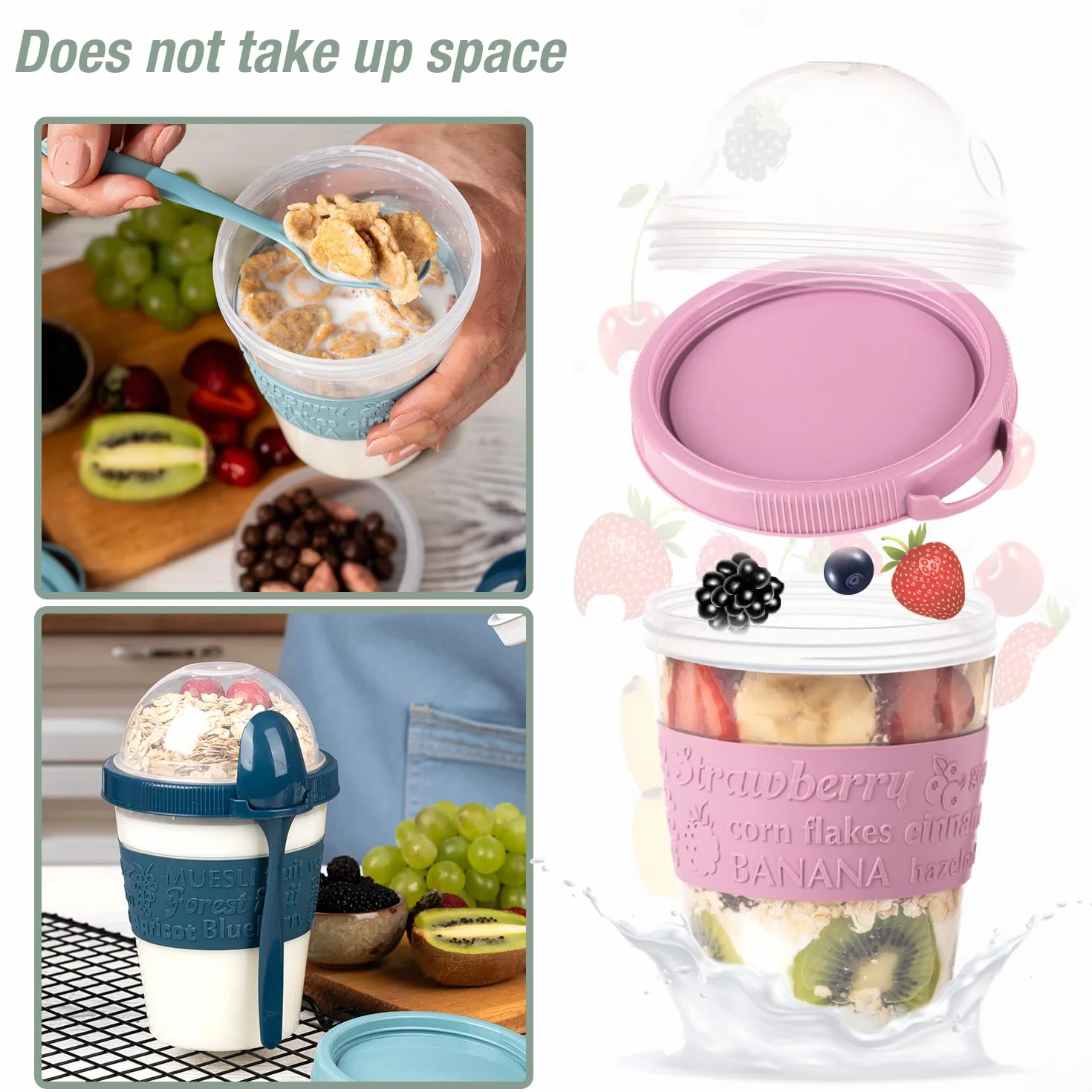 EYNEL 4-pak On The Go Kubki na jogurt i płatki śniadaniowe, pokrywki, łyżka, pojemnik na owoce, wielokrotnego użytku, parfait, dzbanek na mleko, granola