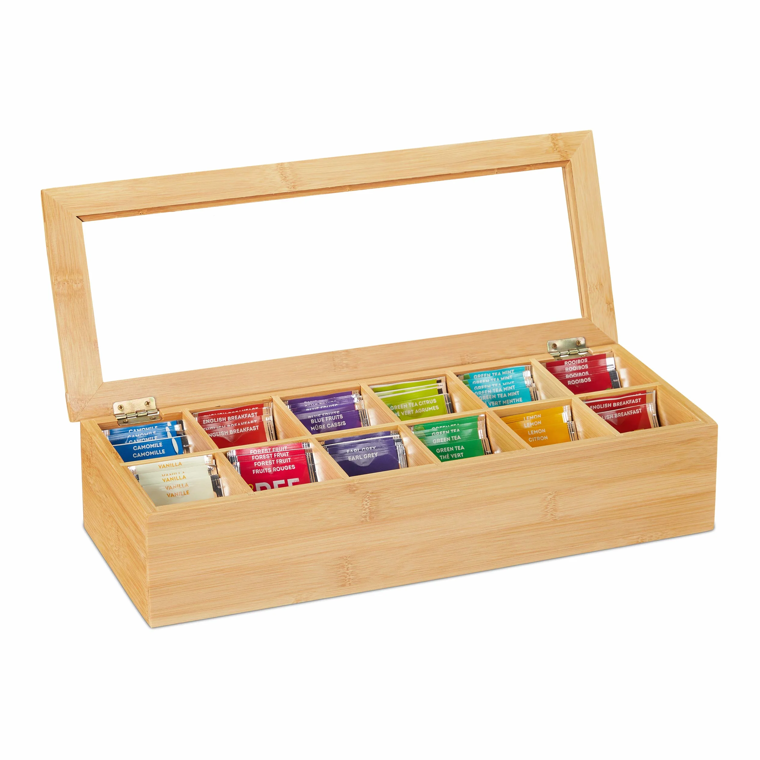 Relaxdays Pudełko na herbatę bambusowe 12 przegródek z okienkiem organizer 9 x 41 x 16 cm naturalne