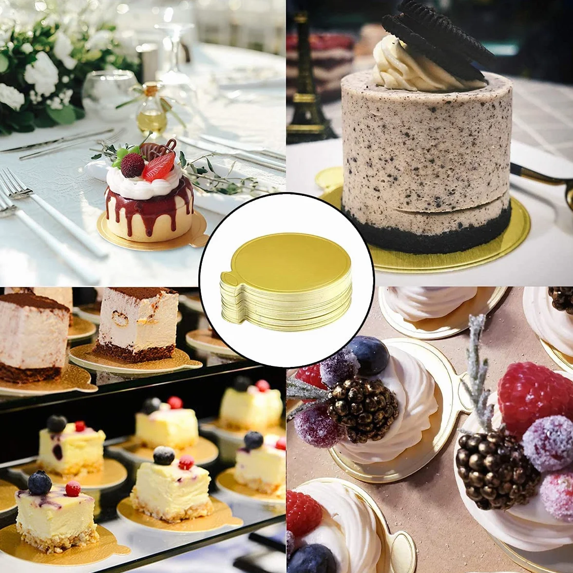 PIQIUQIU 100 SZTUK 8 cm Mousse Cake Boards Złoty papier Cupcake Deser Wyświetlacz Taca Płaska Taca Ciasto Okrągły