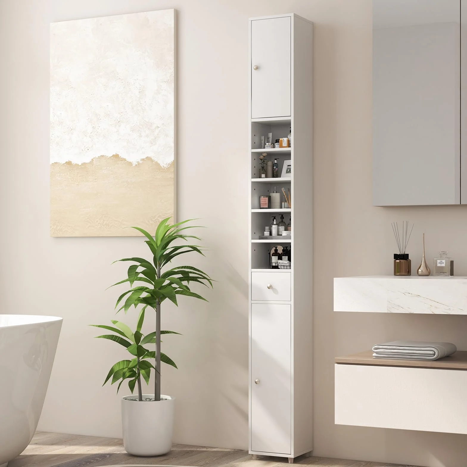 GIANTEX Szafka łazienkowa, szafka kolumnowa z 2 drzwiami, 1 szufladą i otwartymi regulowanymi półkami, 20 x 20 x 180 cm, wąska szafka pomocnicza do salonu, sypialni (5 półek, biały)