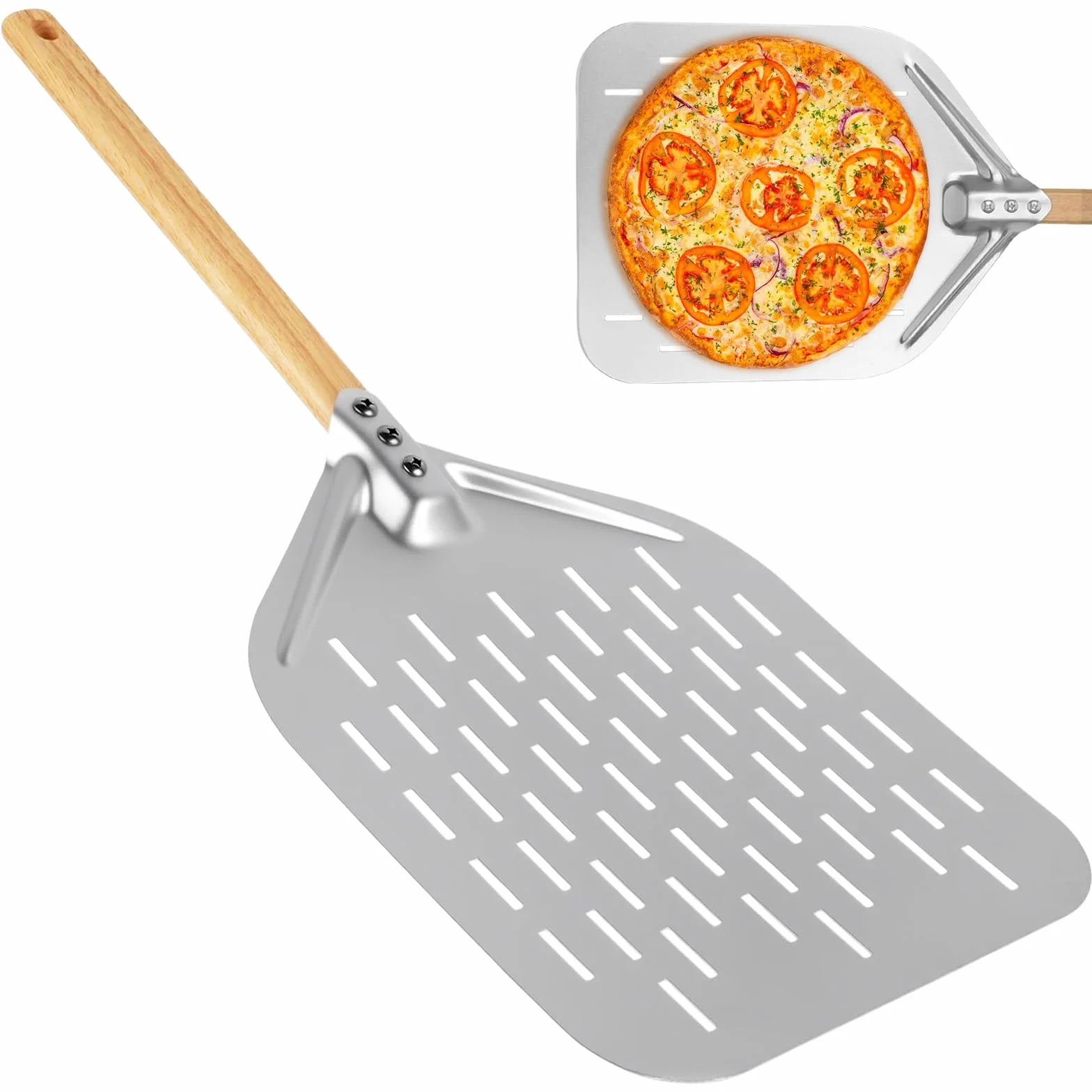 Łopatka do pizzy 40x30 cm (12 cali), perforowana, ze stali nierdzewnej, z drewnianym, wymiennym uchwytem. Idealna do piekarnika i grilla.