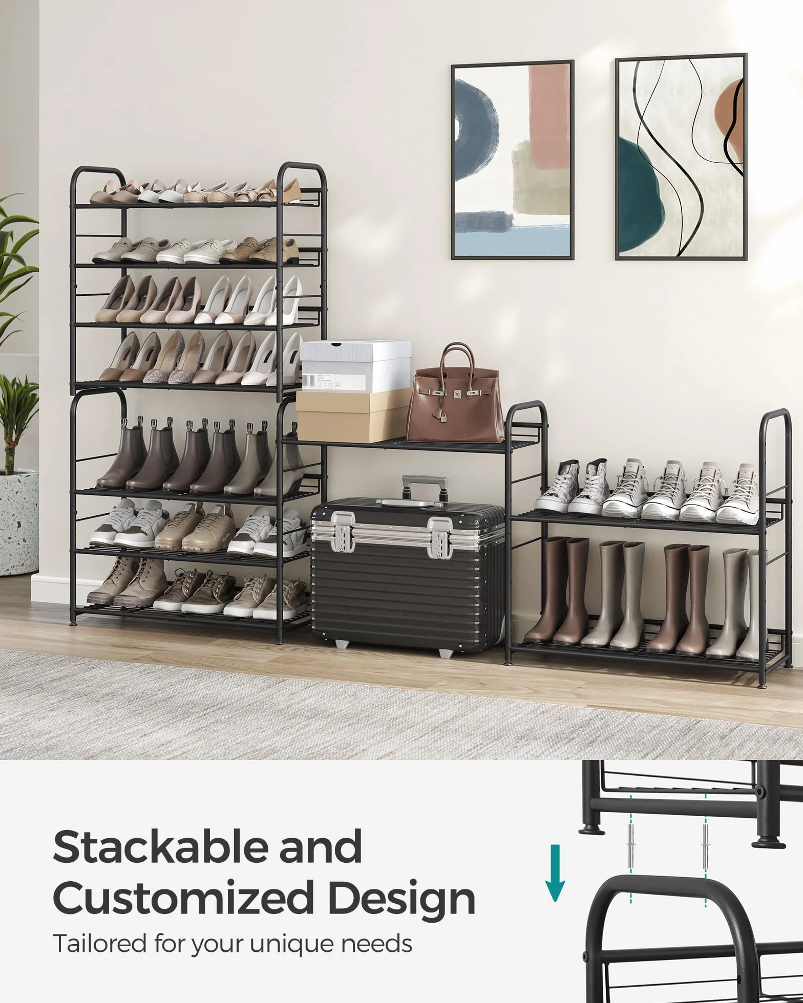SONGMICS 4-poziomowa szafka na buty do układania w stosy, do 16 par, metalowa, 68,5 x 27,5 x 65 cm, na wysokie obcasy, trampki, kapcie, wejście, czarny LMR067B01