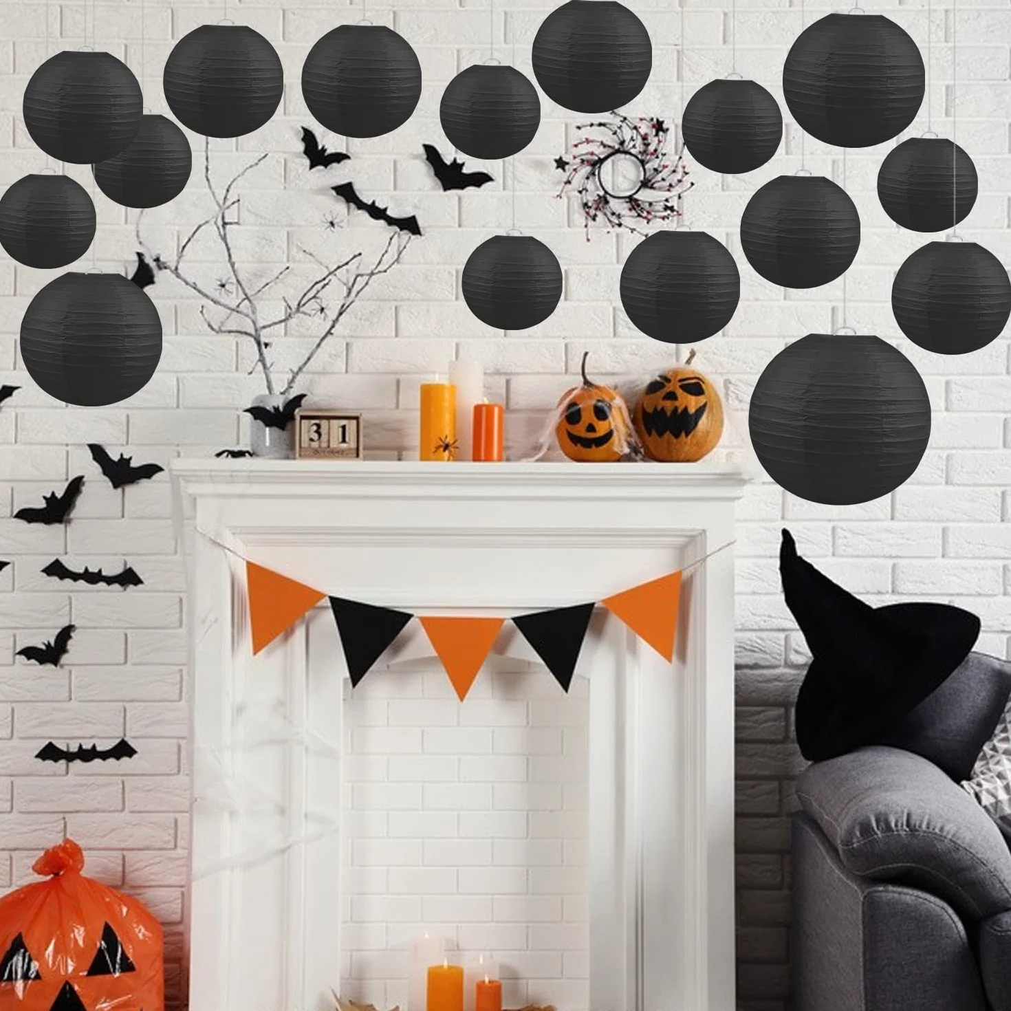 Jangostor 20 sztuk czarnych papierowych lampionów – okrągłe latarnie wiszące, 15 cm, 20 cm, 25 cm, 30 cm, różne rozmiary, na wesele, urodziny, uroczystości, do ogrodu