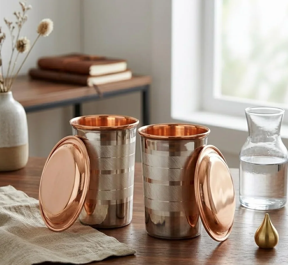 BRACOP® Miedziany kubek karafka na wodę szklanki do wody pitnej z pokrywką butelka do picia kubek Moscow Mule kubek na wodę zestaw szt. naczynia do picia czysta miedź naczynia do serwowania zestaw do
