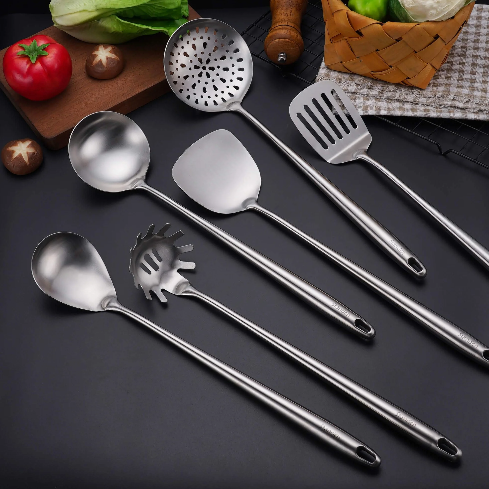 40 cm zestaw przyborów kuchennych ze stali nierdzewnej 304, 6-elementowy metalowy bardzo długi uchwyt, narzędzia do gotowania z łopatką woka, chochla do zupy, łyżką do skmer, łopatką szczelinową, serwerem do spaghetti, solidna łyżka